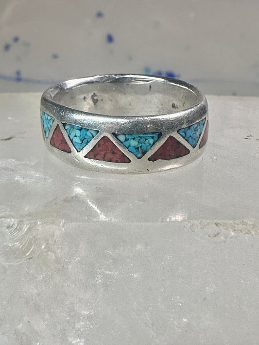 Zuni ring wedding band turquoise coral size 7.25 sterling silver women men