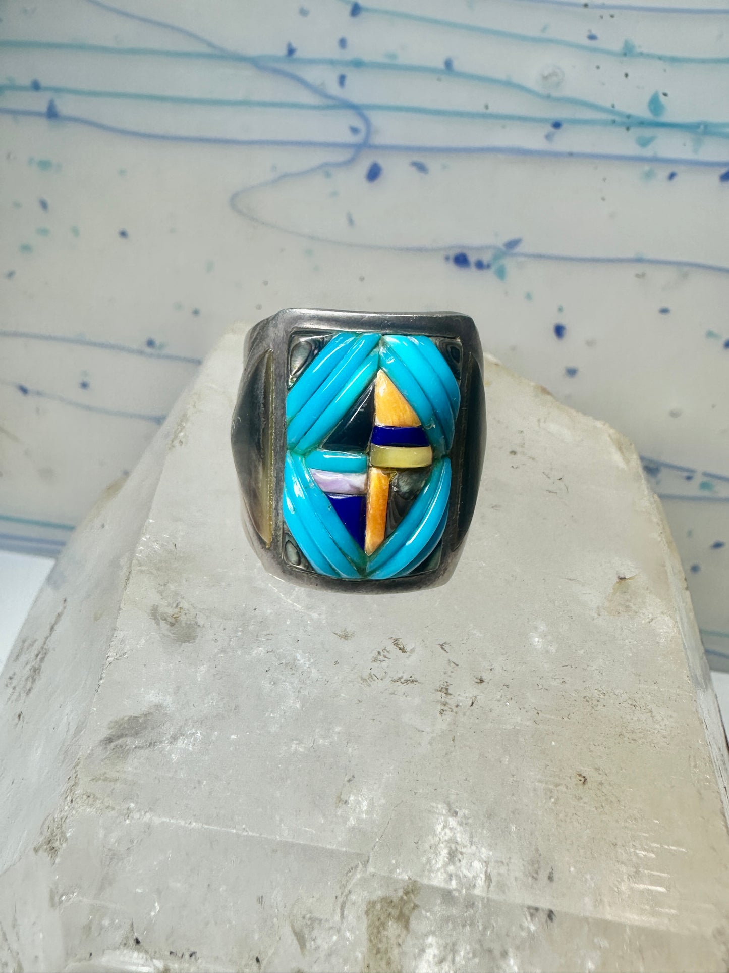 Turquoise ring Cobblestone Native American abalone onyx spiny oyster size 12.7 sterling silver women men