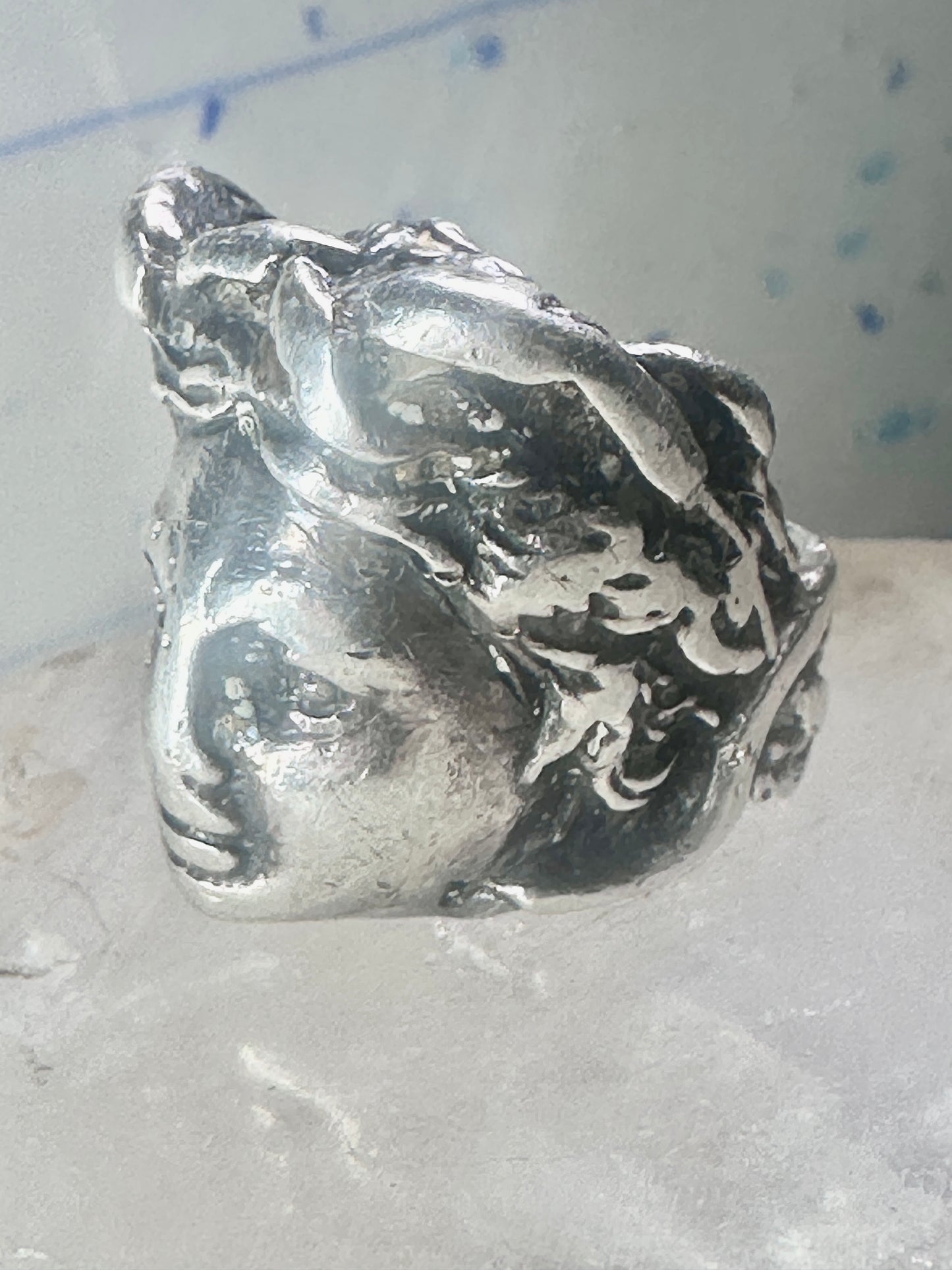 Face ring classic mythology woman band birds or snakes head Medusa?sterling silver size 5.75 women