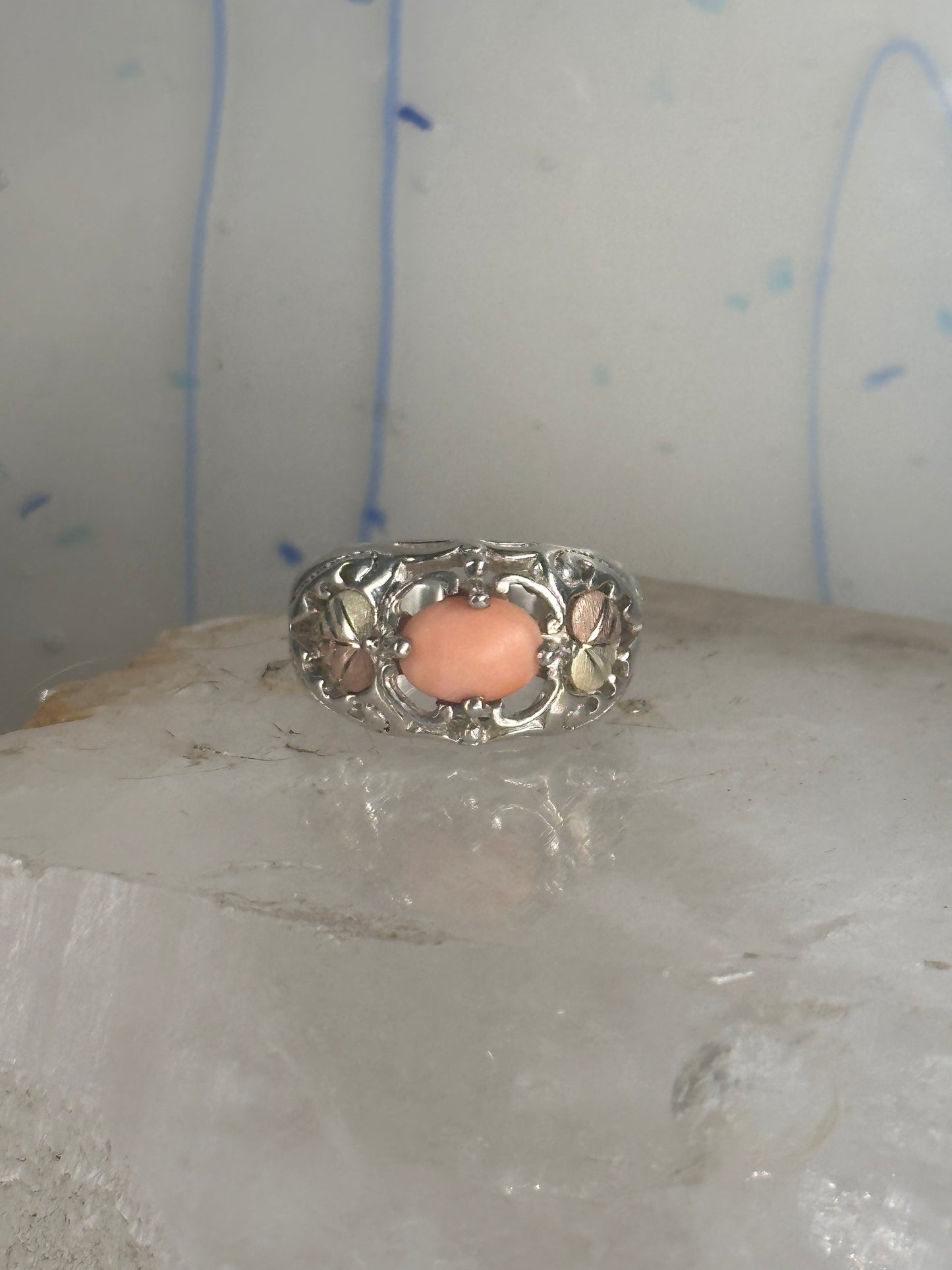 Black Hills Gold ring peach coral leaves band pinky sterling silver size 4.7 12K over sterling women