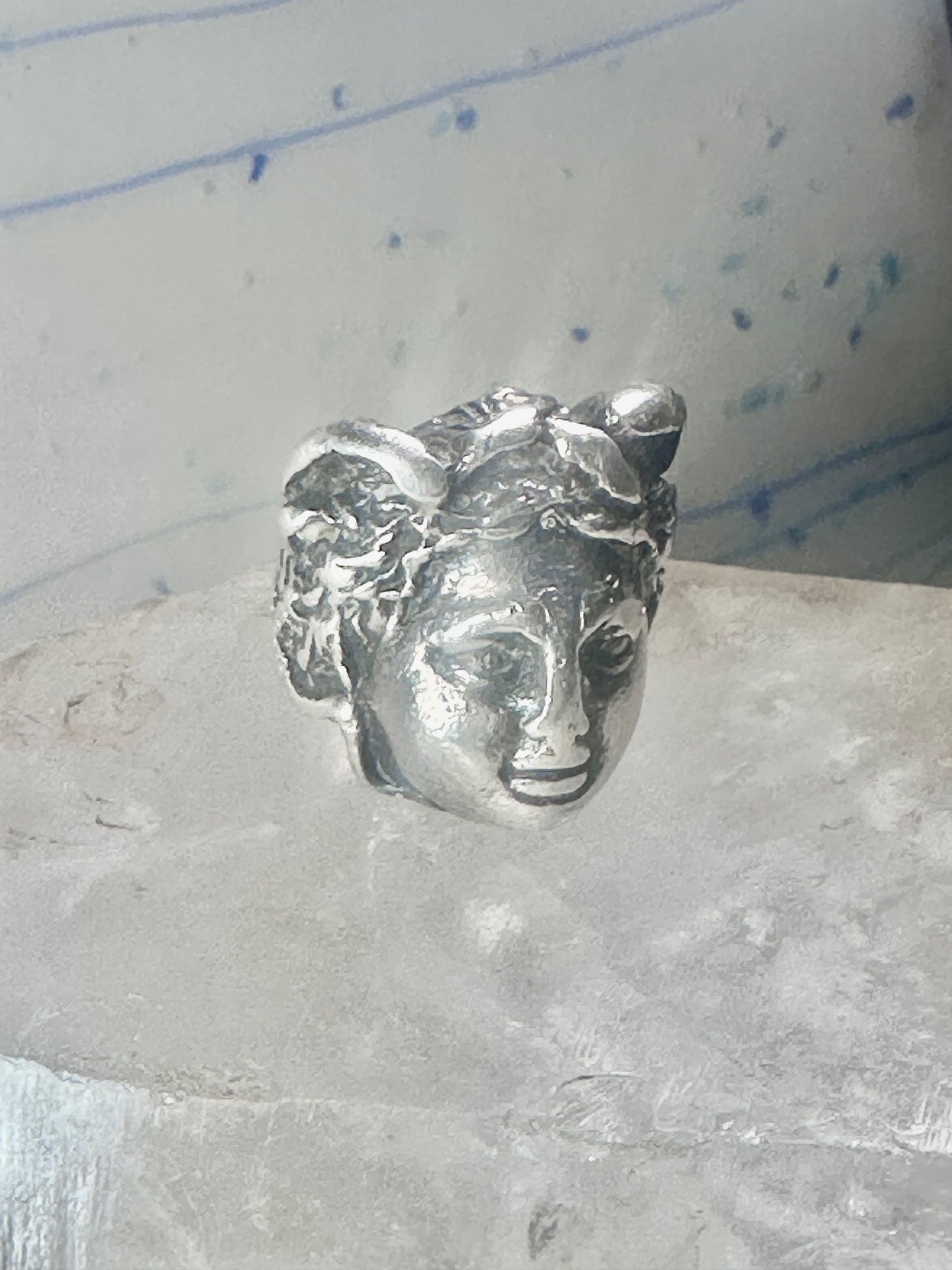 Face ring classic mythology woman band birds or snakes head Medusa?sterling silver size 5.75 women