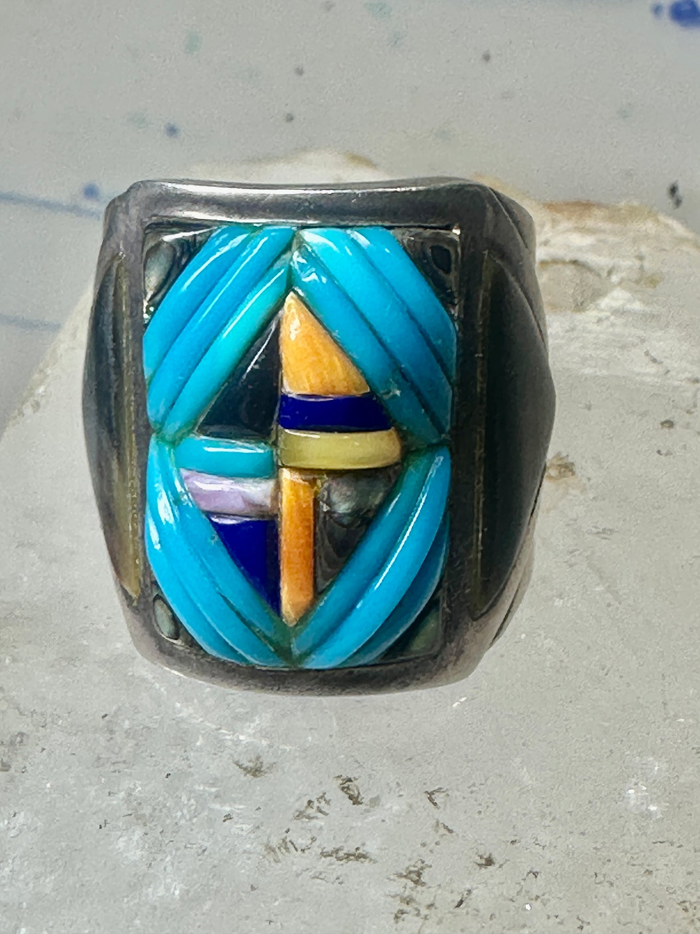 Turquoise ring Cobblestone Native American abalone onyx spiny oyster size 12.7 sterling silver women men