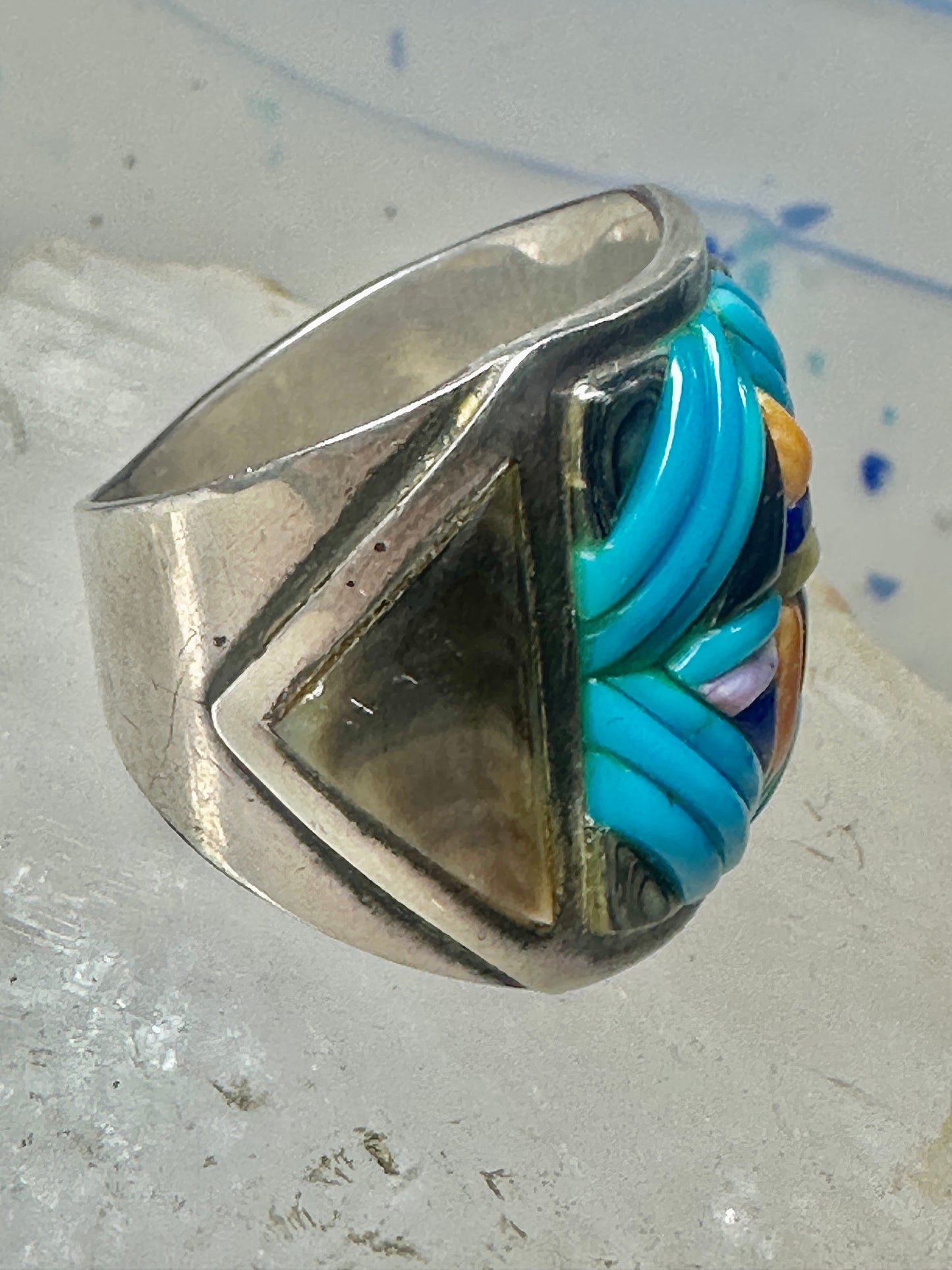 Turquoise ring Cobblestone Native American abalone onyx spiny oyster size 12.7 sterling silver women men