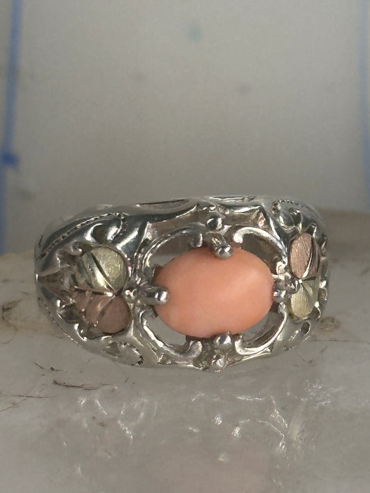 Black Hills Gold ring peach coral leaves band pinky sterling silver size 4.7 12K over sterling women