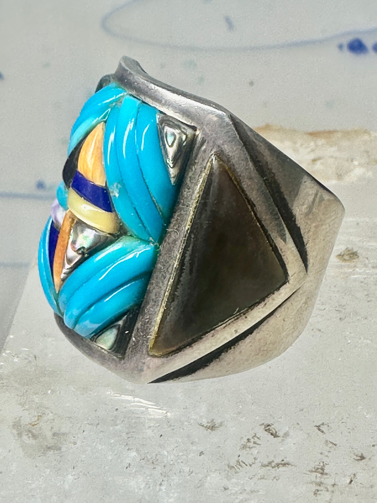 Turquoise ring Cobblestone Native American abalone onyx spiny oyster size 12.7 sterling silver women men