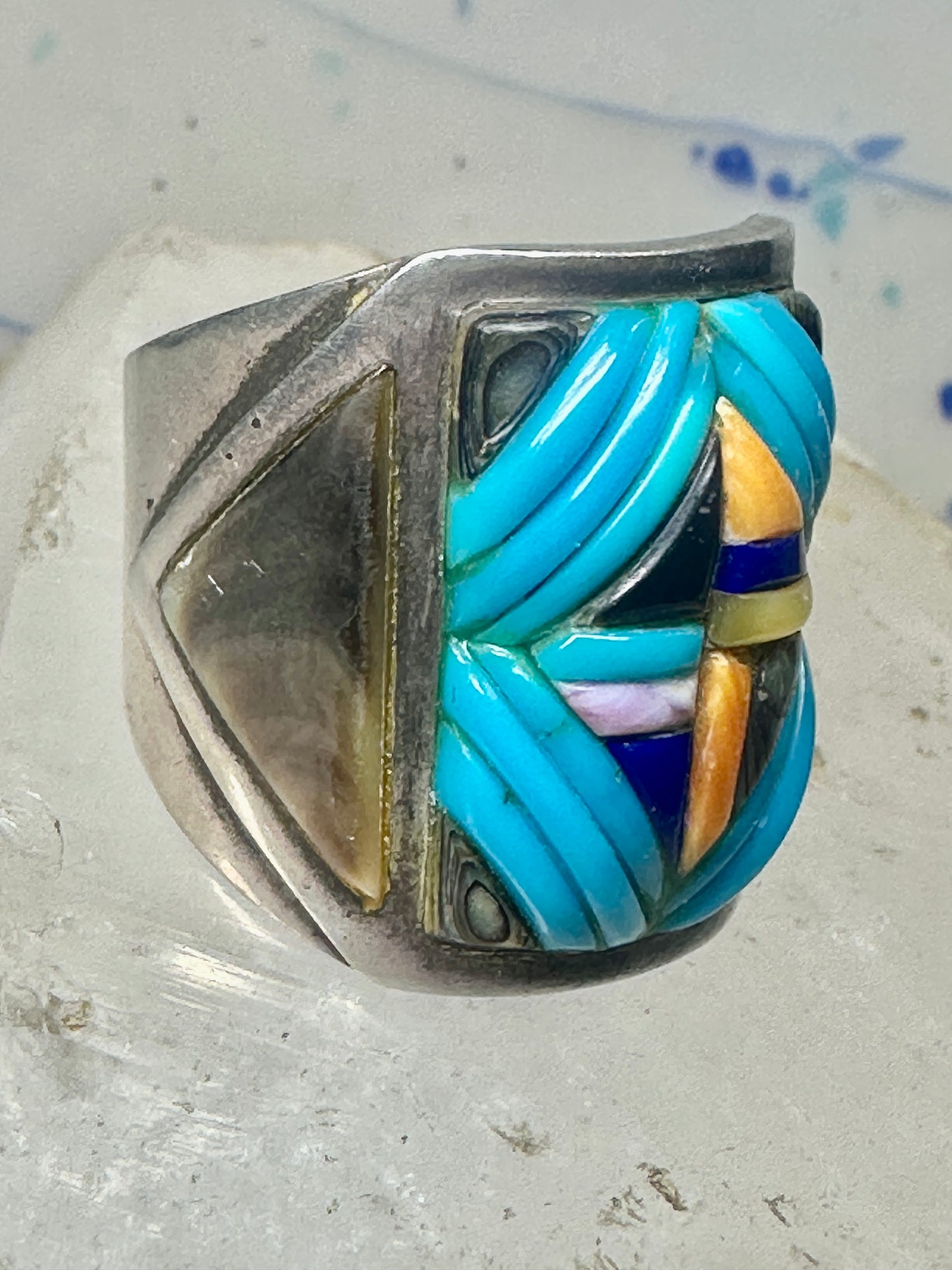 Turquoise ring Cobblestone Native American abalone onyx spiny oyster size 12.7 sterling silver women men