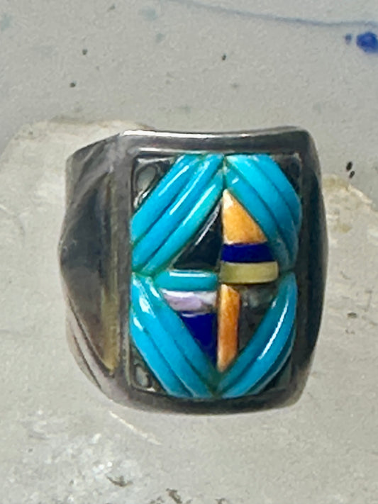 Turquoise ring Cobblestone Native American abalone onyx spiny oyster size 12.7 sterling silver women men
