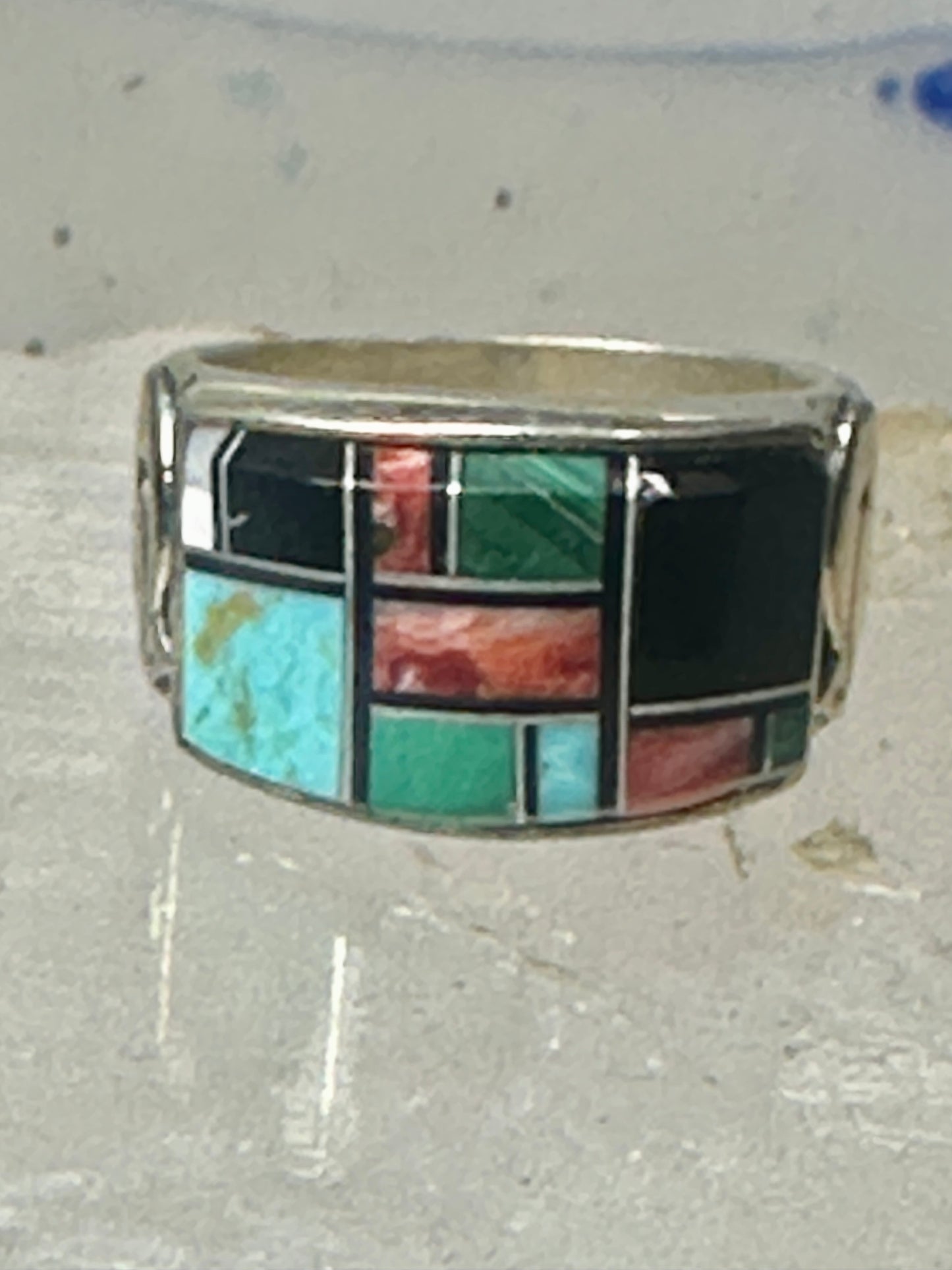 Turquoise ring southwest spirit bear band size 7.7 sterling silver women men