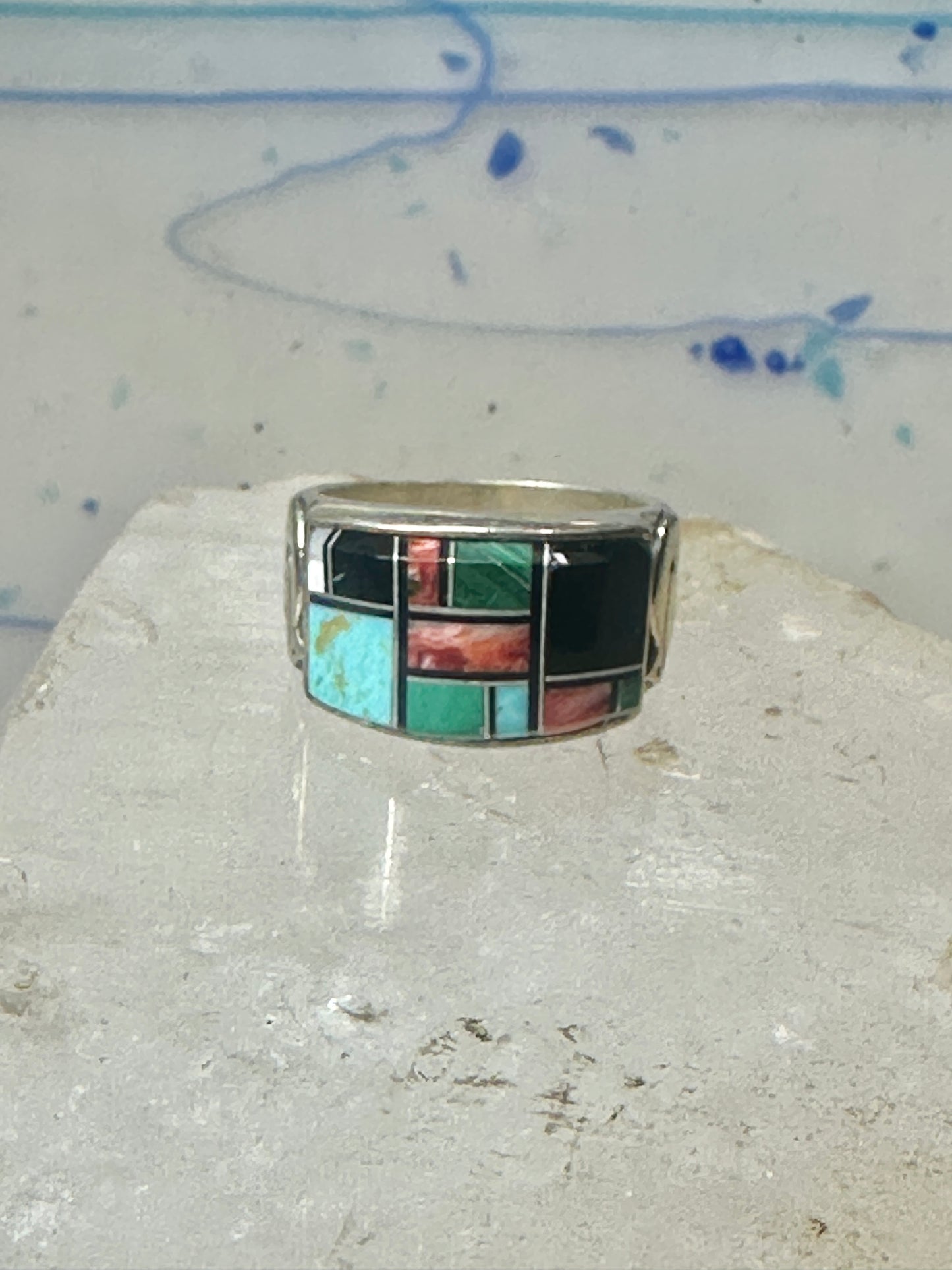 Turquoise ring southwest spirit bear band size 7.7 sterling silver women men