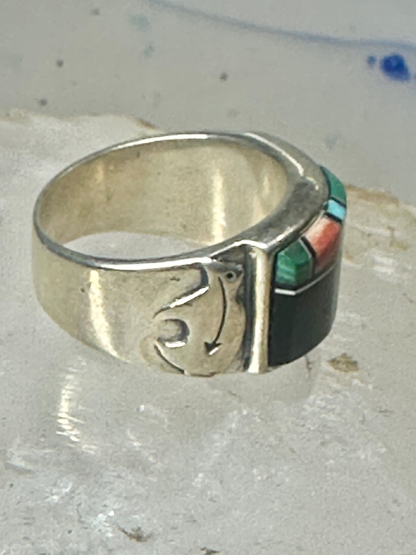 Turquoise ring southwest spirit bear band size 7.7 sterling silver women men