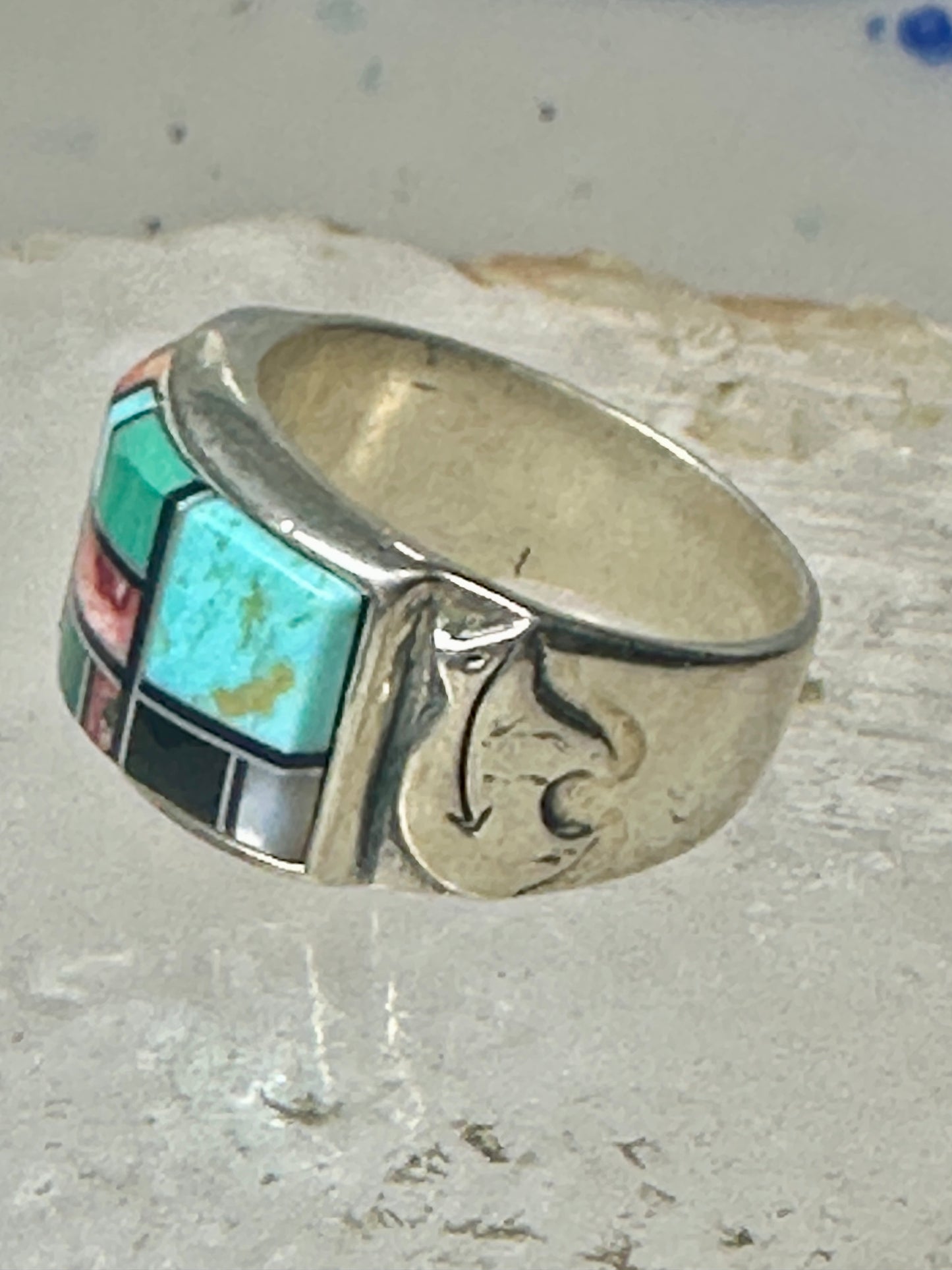 Turquoise ring southwest spirit bear band size 7.7 sterling silver women men