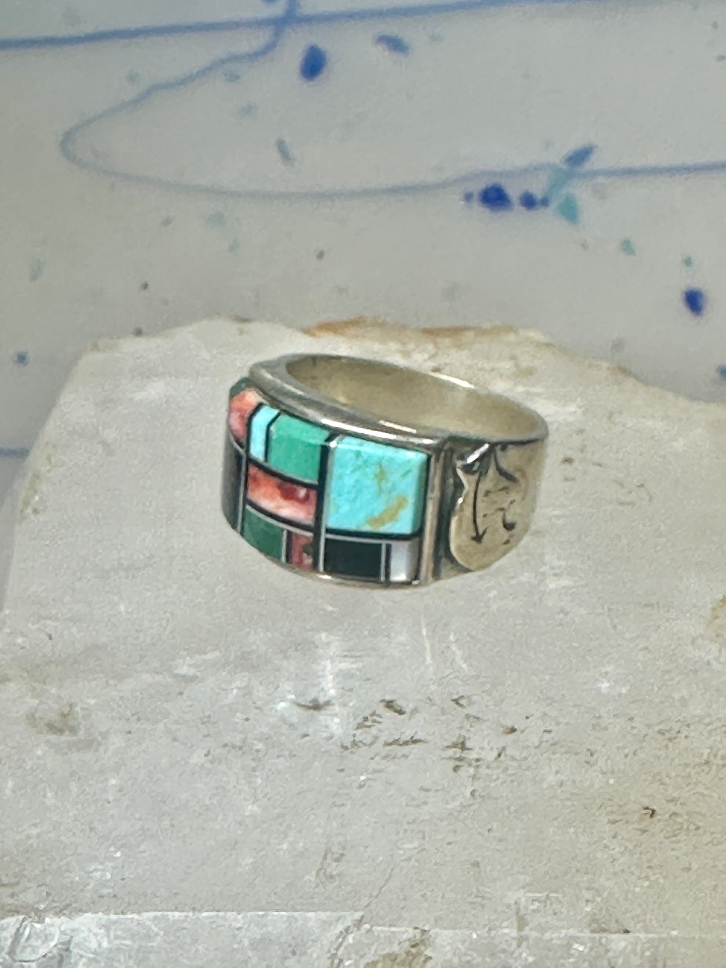 Turquoise ring southwest spirit bear band size 7.7 sterling silver women men