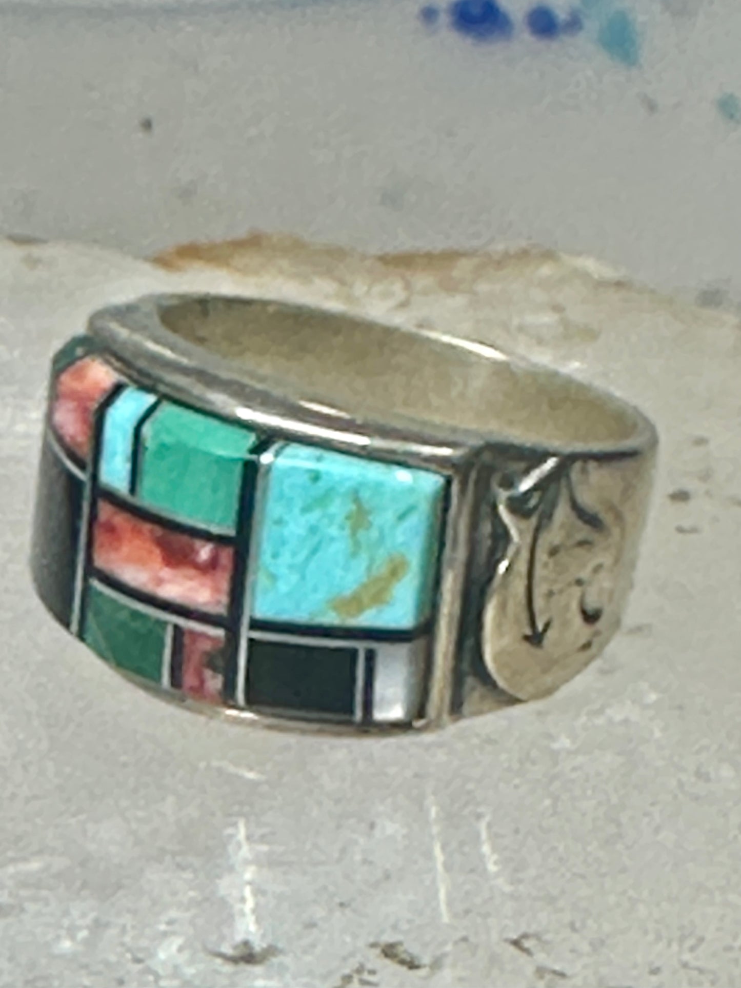 Turquoise ring southwest spirit bear band size 7.7 sterling silver women men