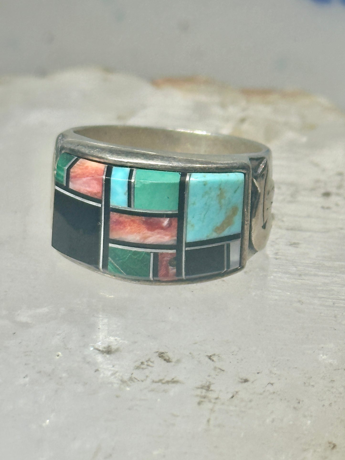 Turquoise ring southwest spirit bear band size 7.7 sterling silver women men