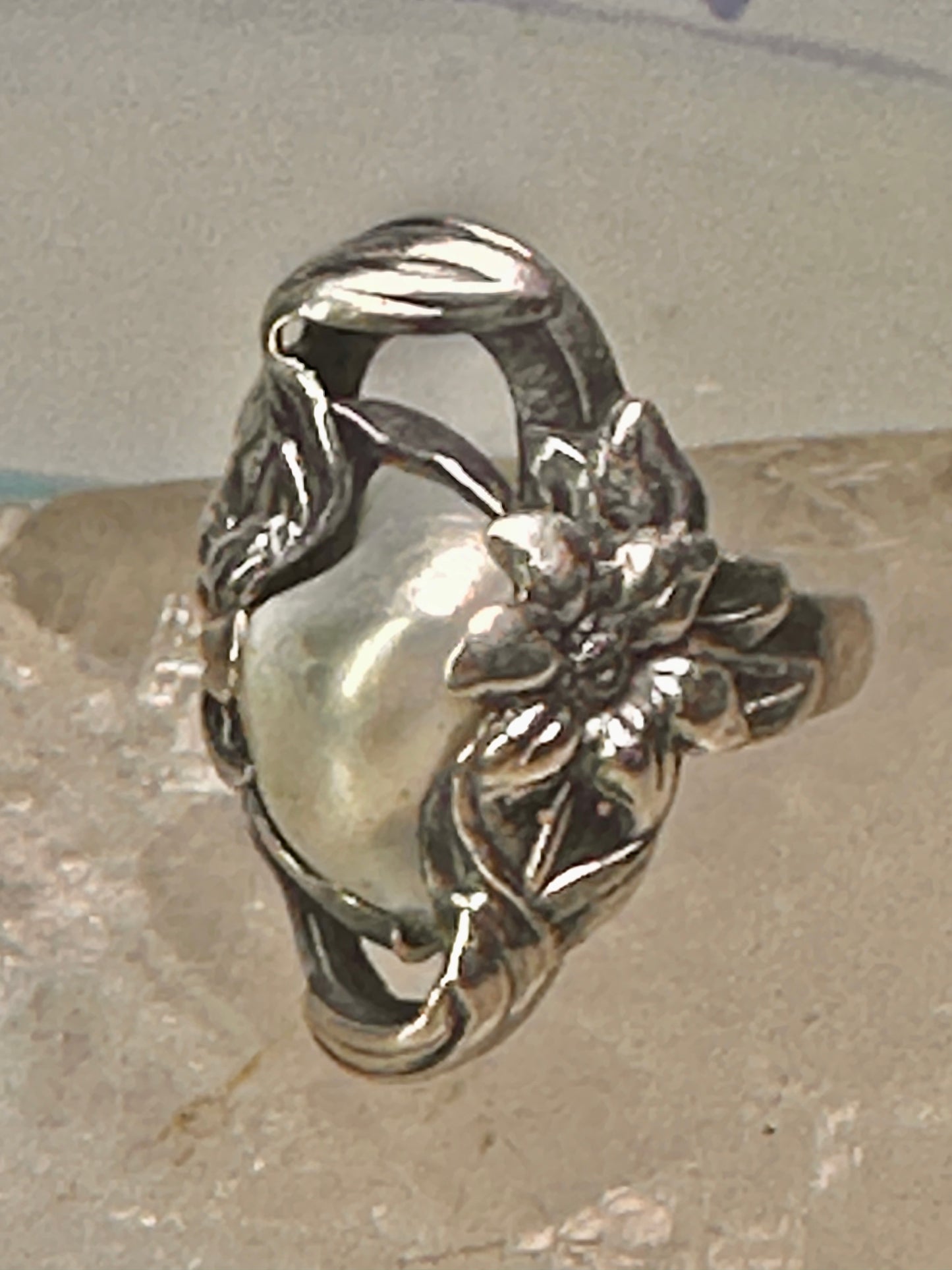 Pearl ring Art Nouveau Deco floral flower size 2.5 pinky sterling silver women girls