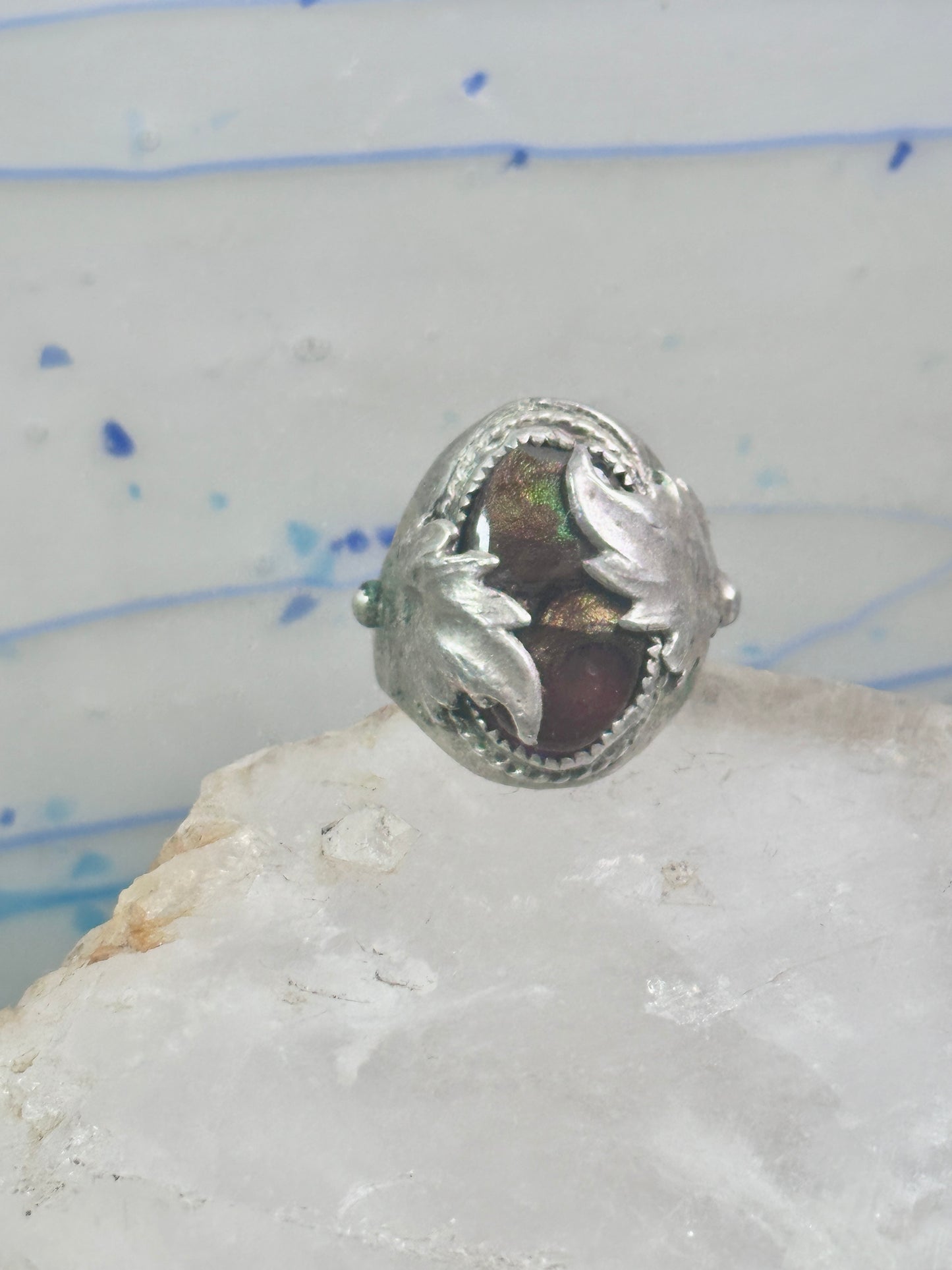 Fire Agate ring Navajo leaves band sterling silver size 11 women men