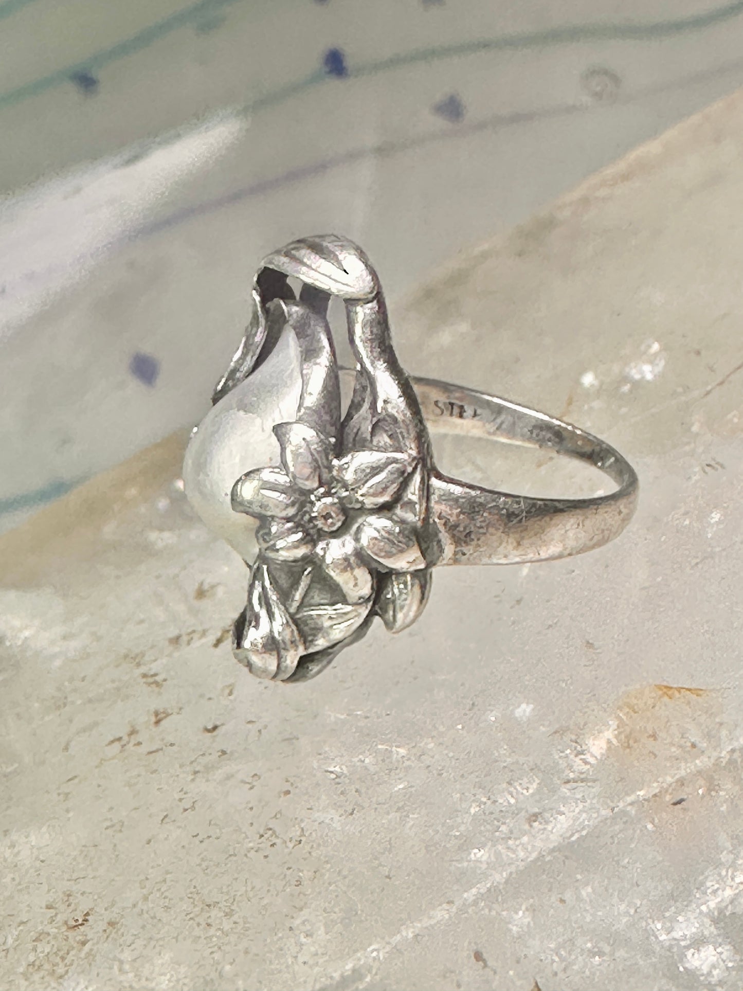 Pearl ring Art Nouveau Deco floral flower size 2.5 pinky sterling silver women girls