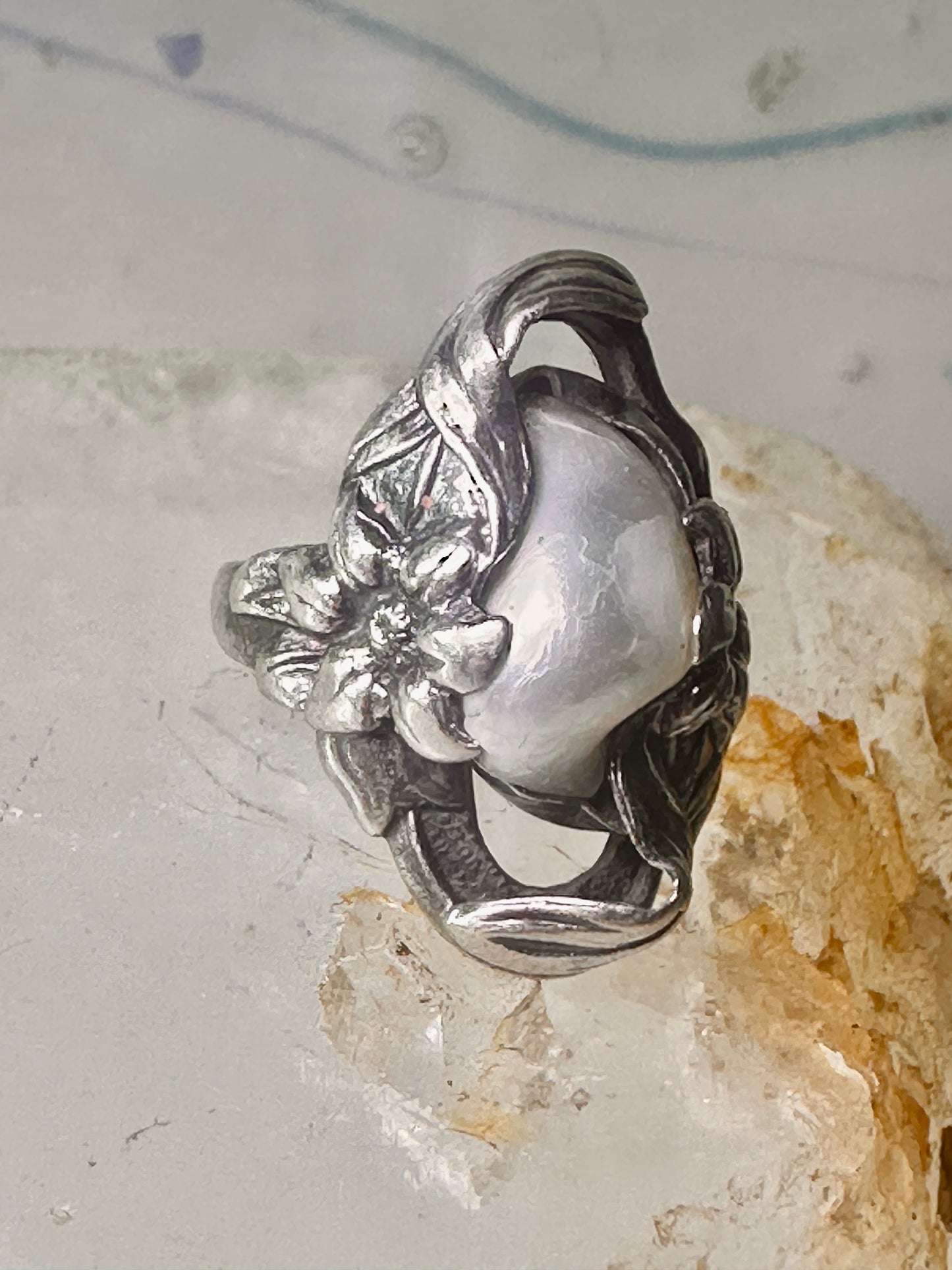 Pearl ring Art Nouveau Deco floral flower size 2.5 pinky sterling silver women girls