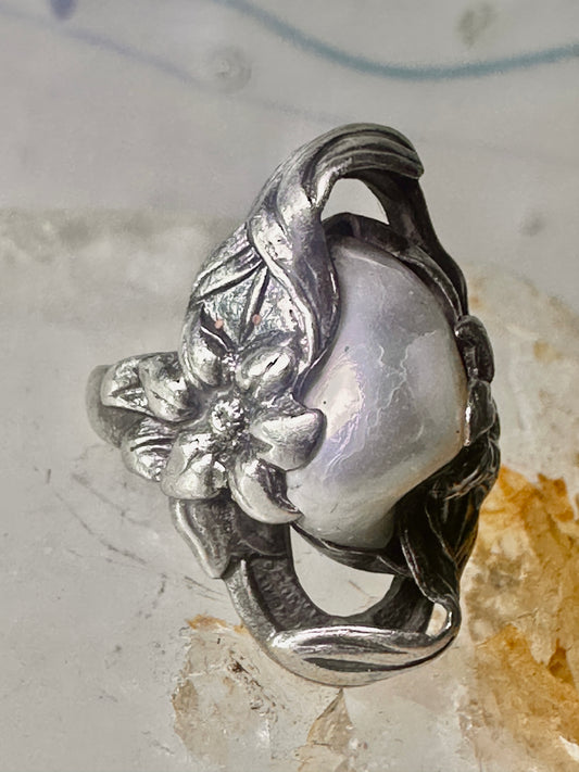 Pearl ring Art Nouveau Deco floral flower size 2.5 pinky sterling silver women girls