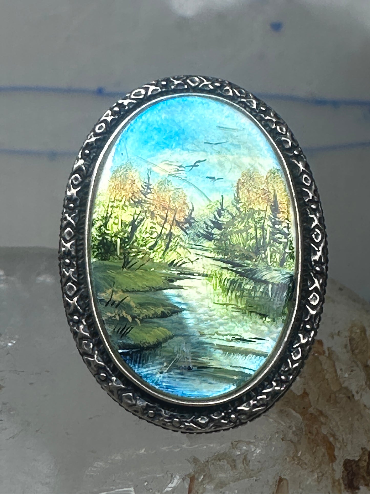 Landscape ring trees river seagulls size 7.75 mop sterling silver Amy Russell Kahn