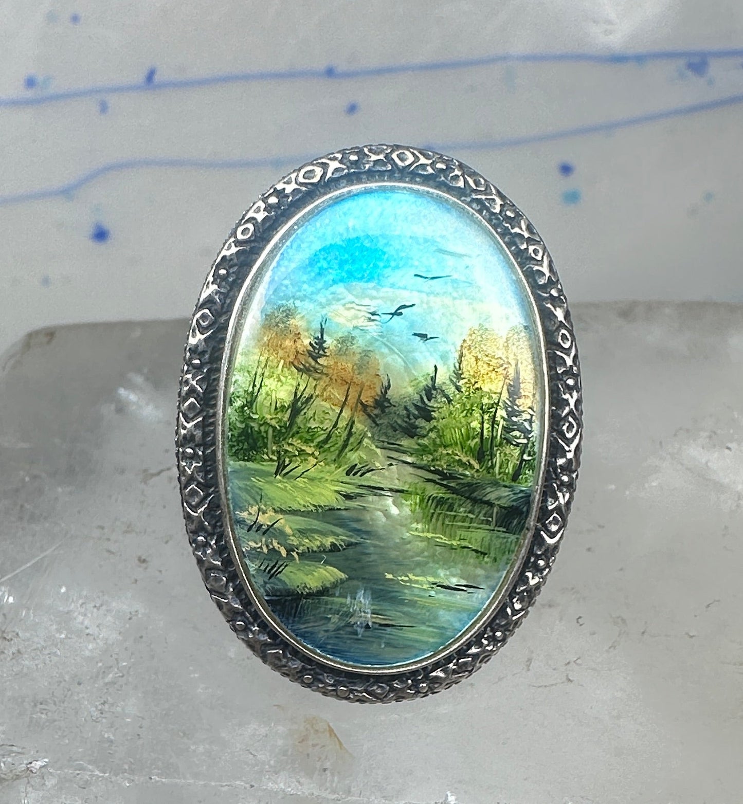 Landscape ring trees river seagulls size 7.75 mop sterling silver Amy Russell Kahn