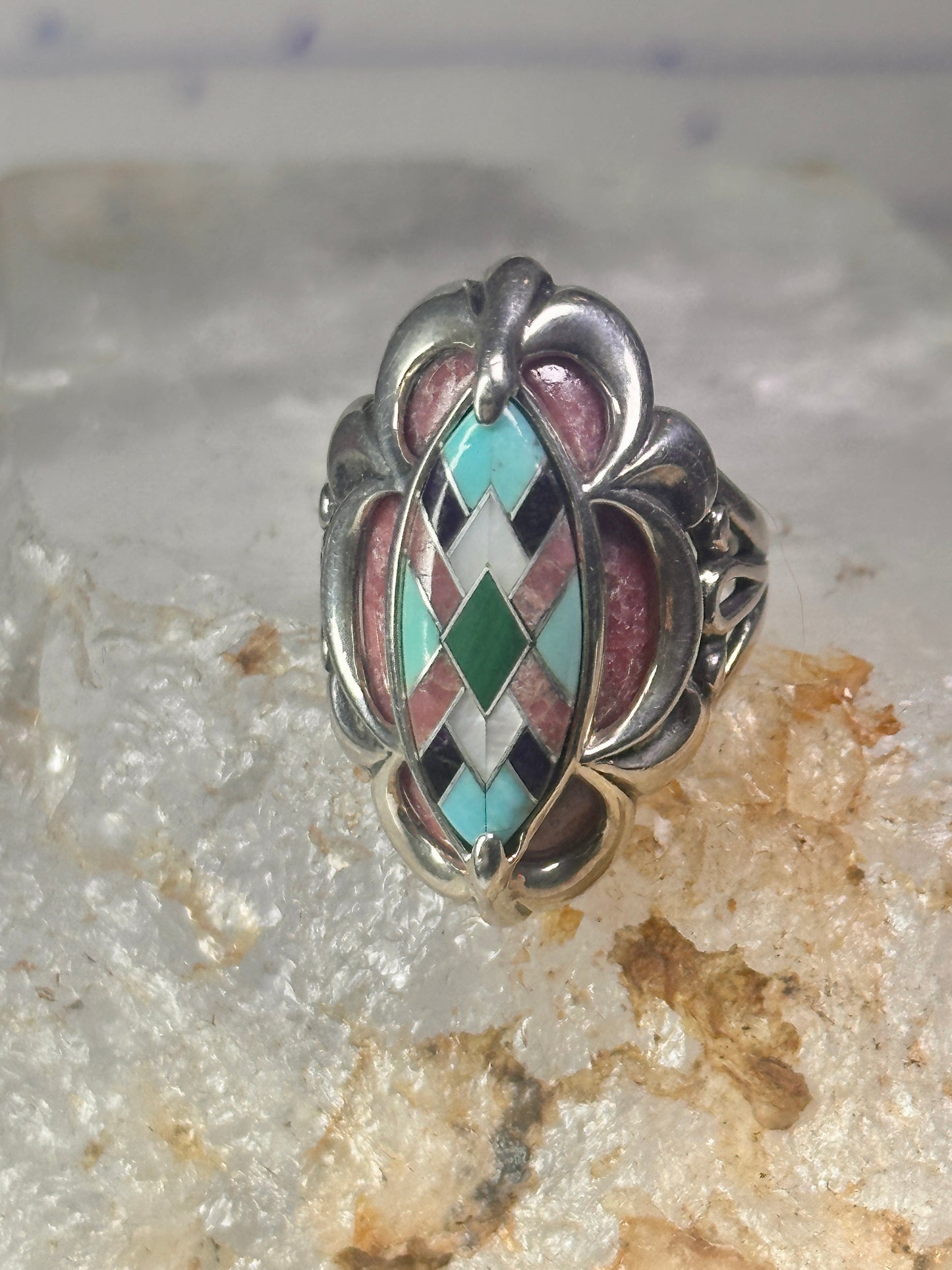 Pollack Ring Pink Rhodonite Turquoise size 6 sterling silver women