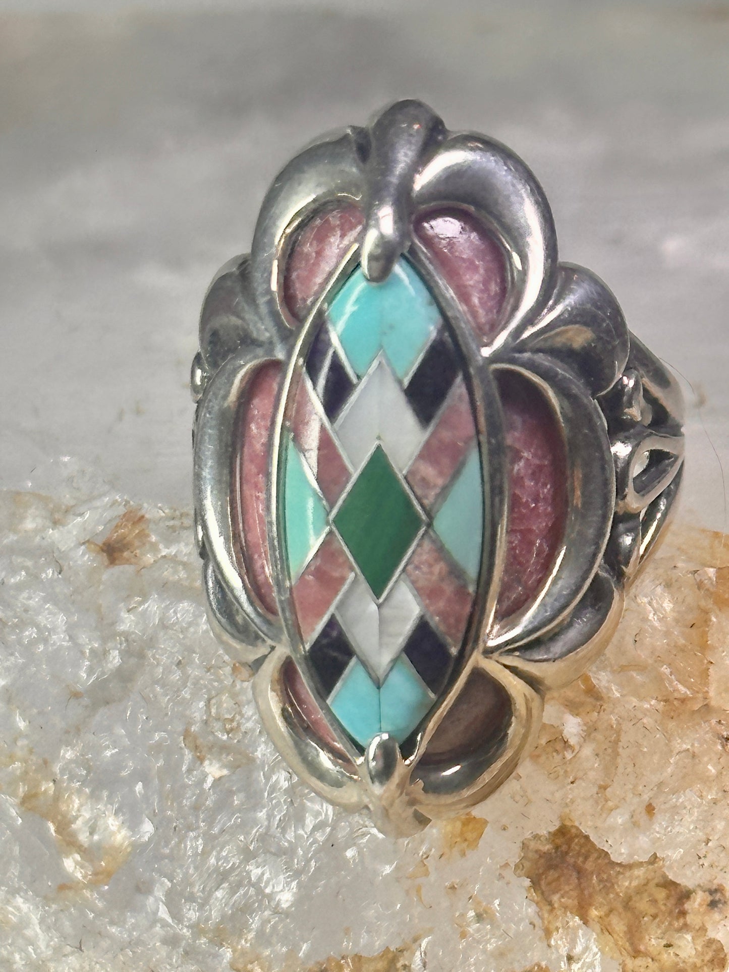 Pollack Ring Pink Rhodonite Turquoise size 6 sterling silver women