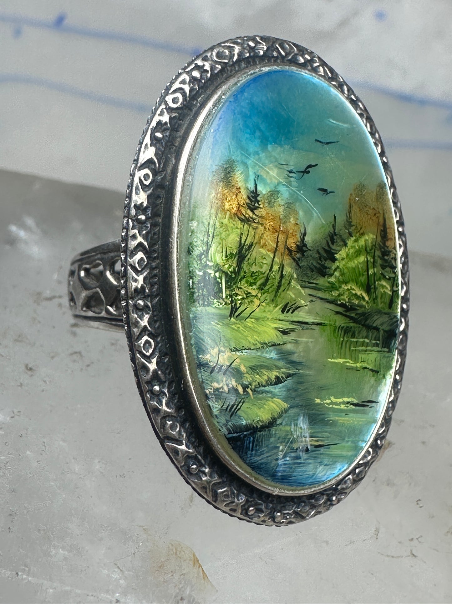 Landscape ring trees river seagulls size 7.75 mop sterling silver Amy Russell Kahn