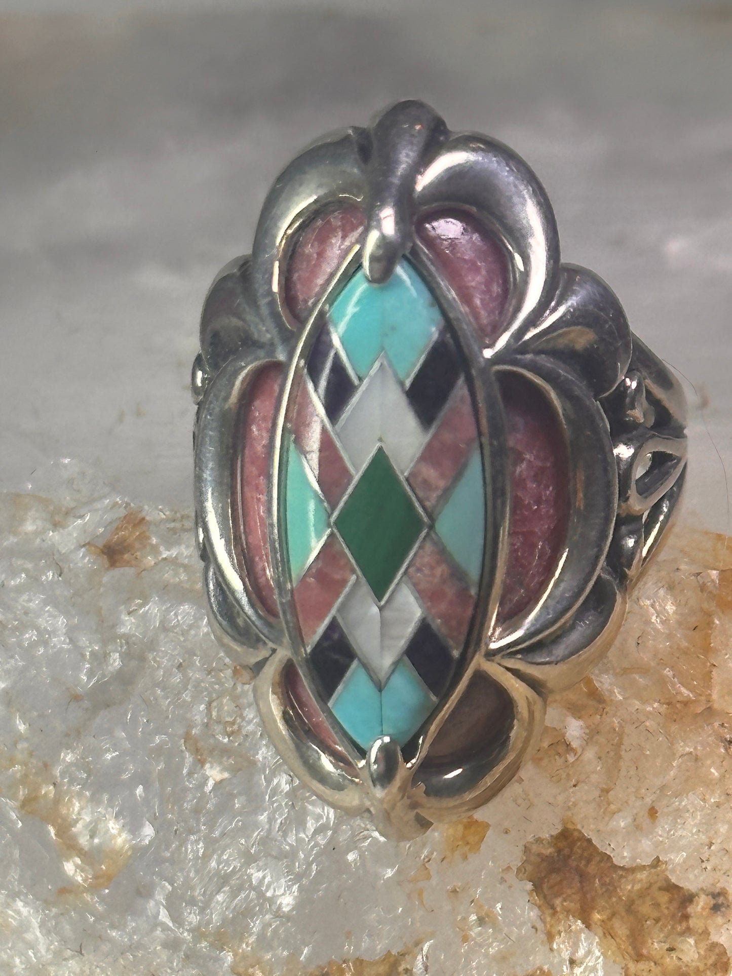 Pollack Ring Pink Rhodonite Turquoise size 6 sterling silver women