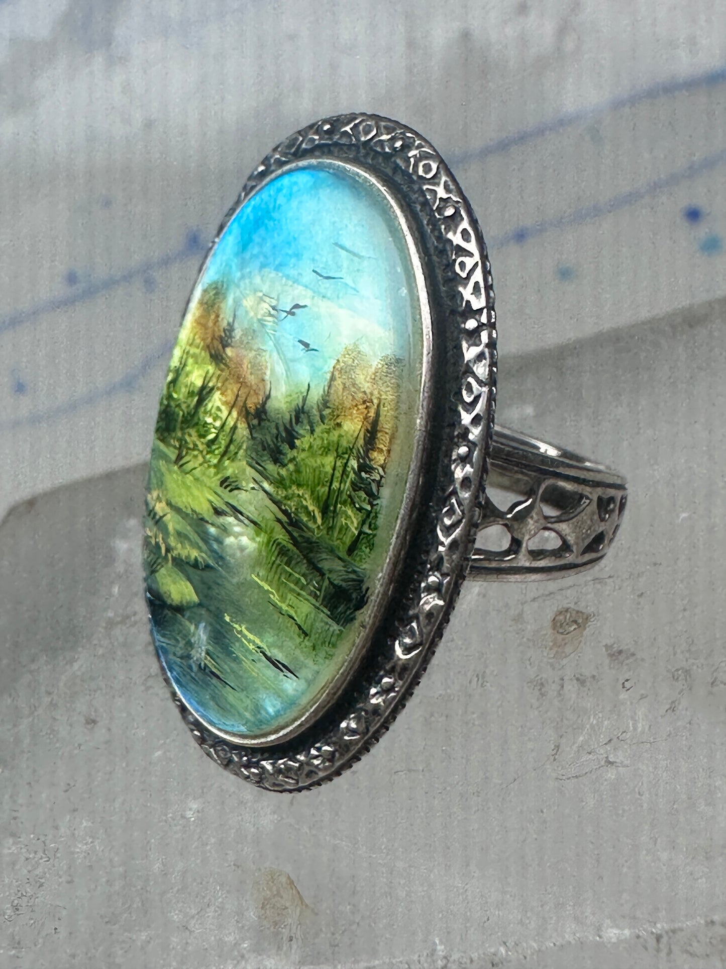 Landscape ring trees river seagulls size 7.75 mop sterling silver Amy Russell Kahn