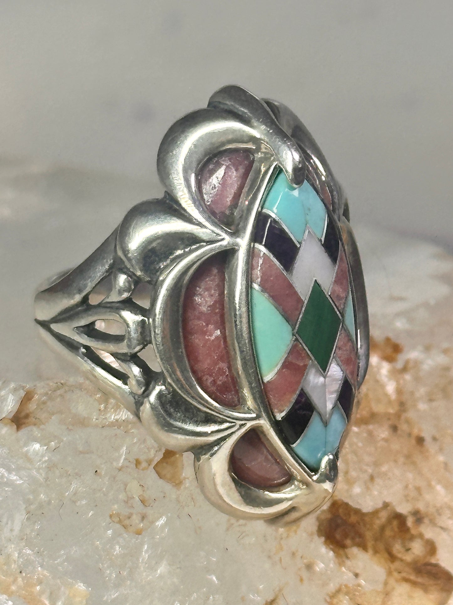Pollack Ring Pink Rhodonite Turquoise size 6 sterling silver women