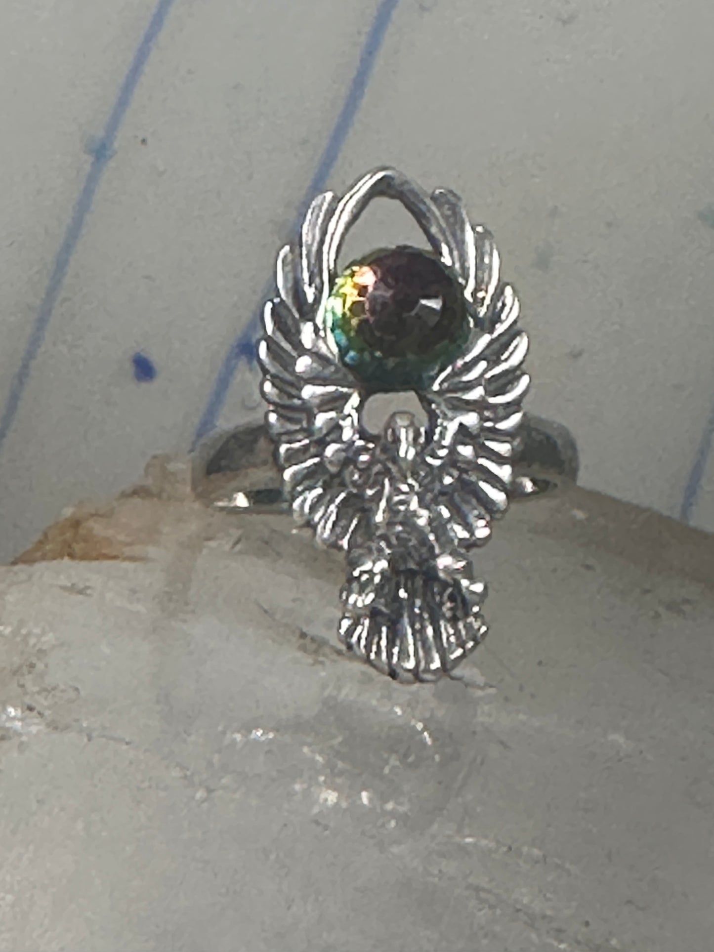 Eagle ring Crystal Rainbow prism orb by Shube size 4.50 pinky sterling silver band