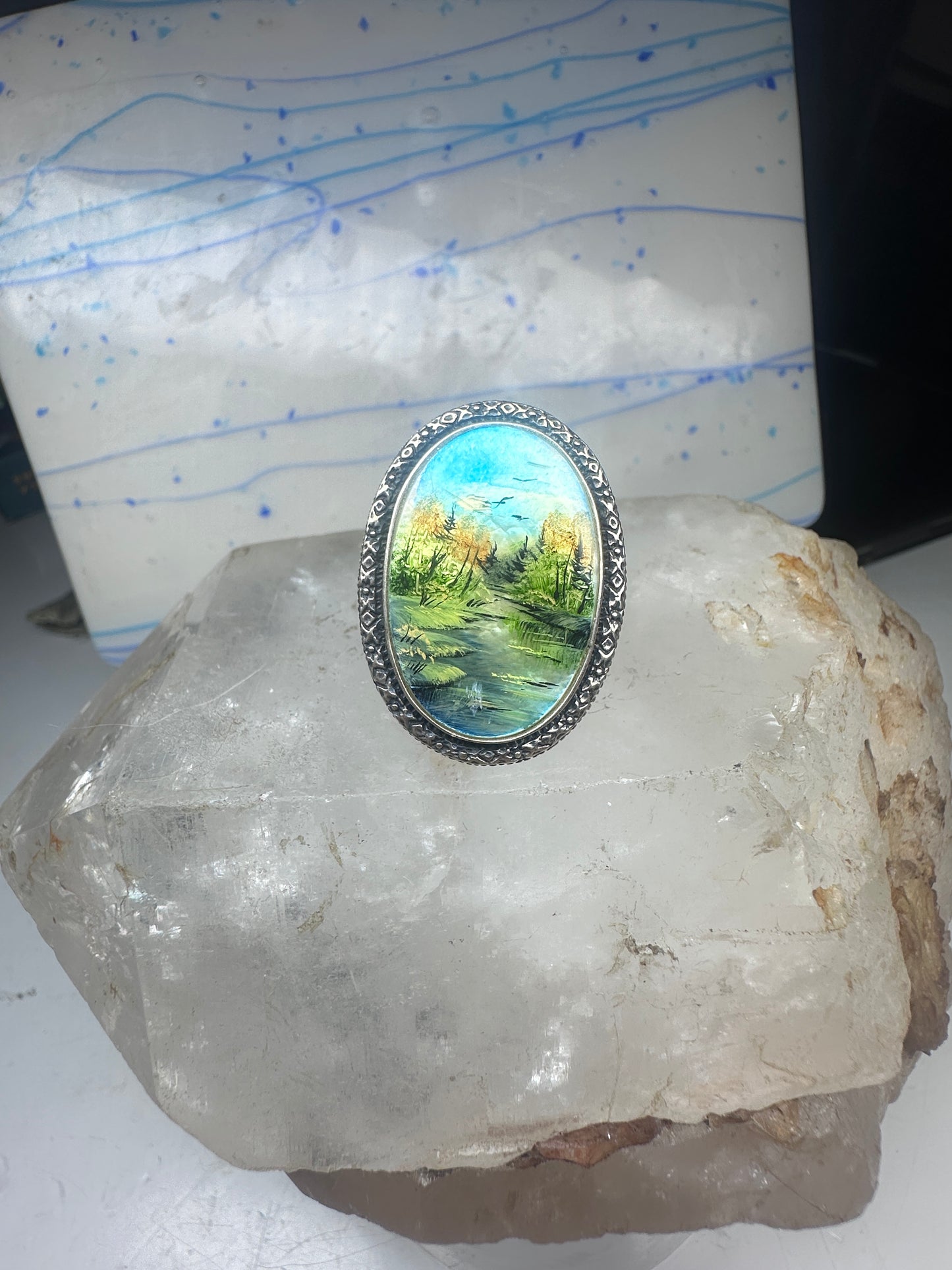 Landscape ring trees river seagulls size 7.75 mop sterling silver Amy Russell Kahn