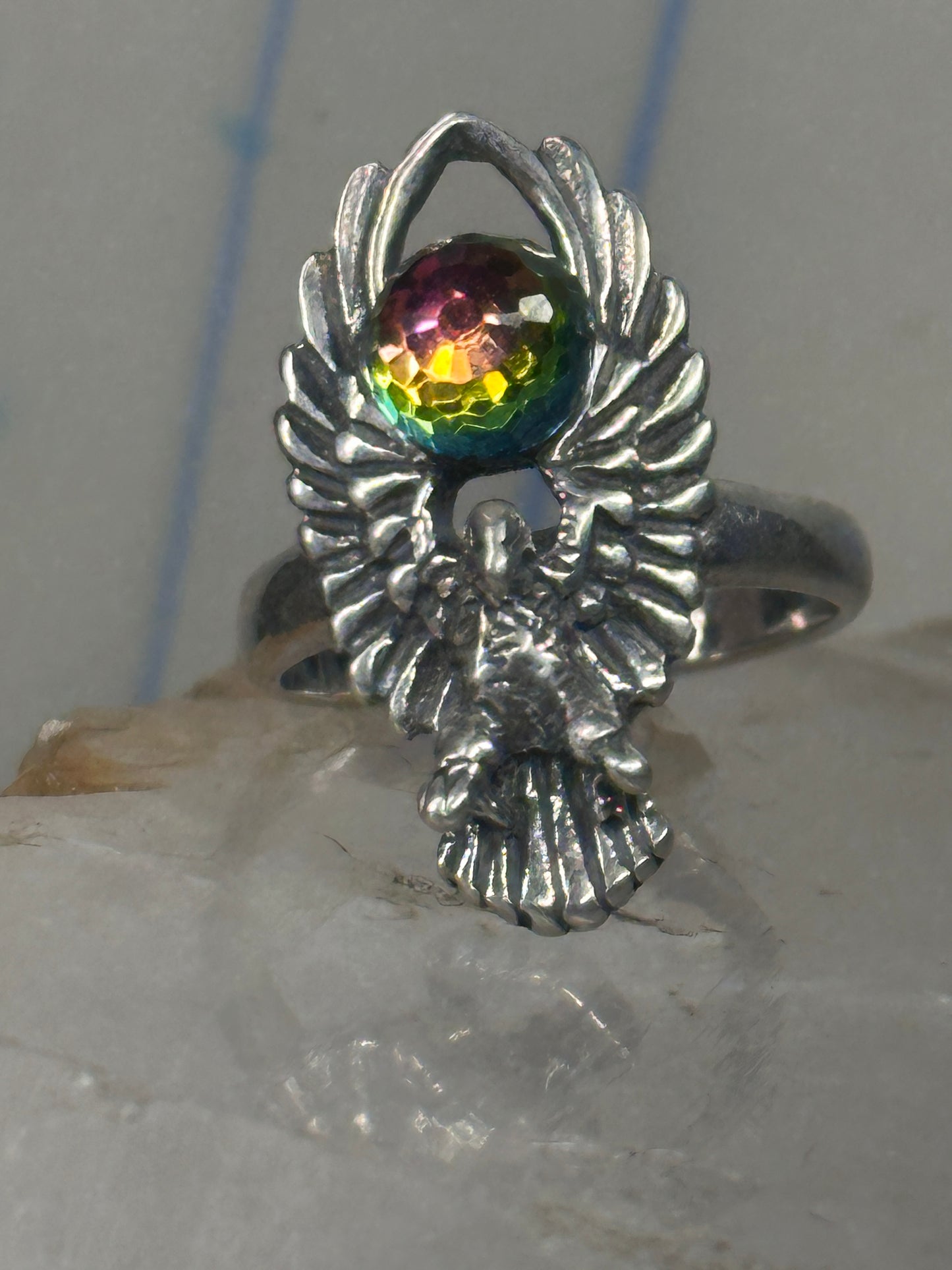 Eagle ring Crystal Rainbow prism orb by Shube size 4.50 pinky sterling silver band