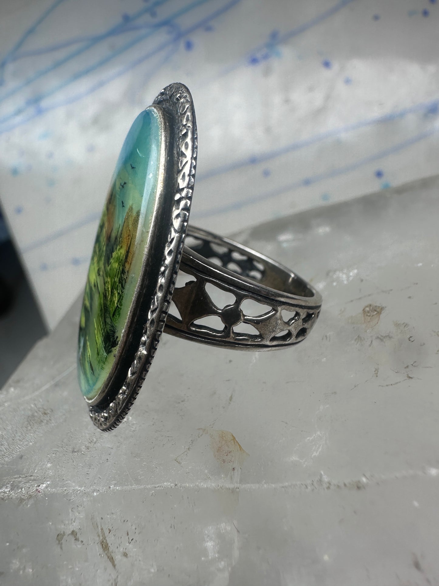 Landscape ring trees river seagulls size 7.75 mop sterling silver Amy Russell Kahn