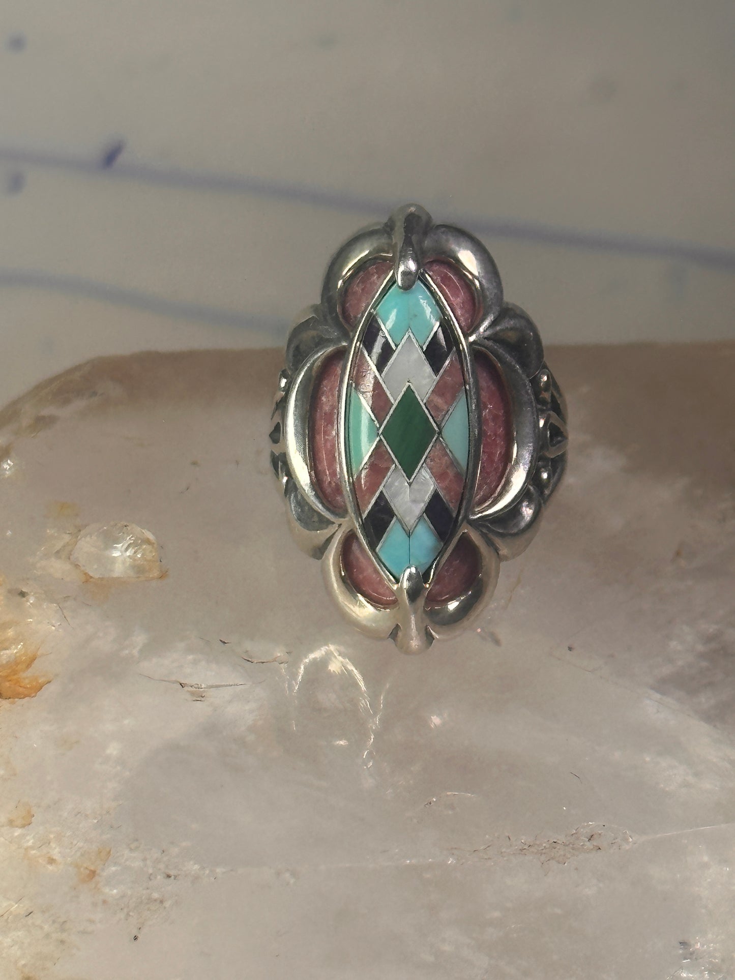 Pollack Ring Pink Rhodonite Turquoise size 6 sterling silver women