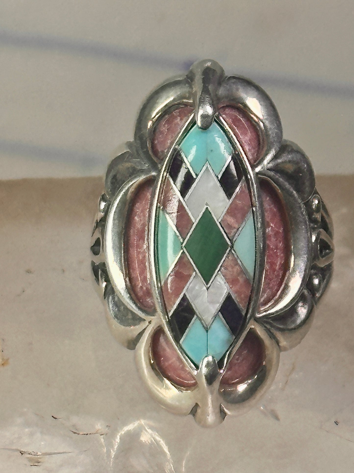 Pollack Ring Pink Rhodonite Turquoise size 6 sterling silver women