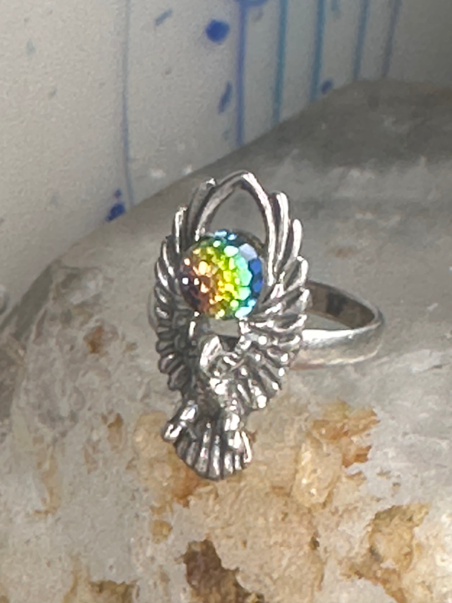 Eagle ring Crystal Rainbow prism orb by Shube size 4.50 pinky sterling silver band