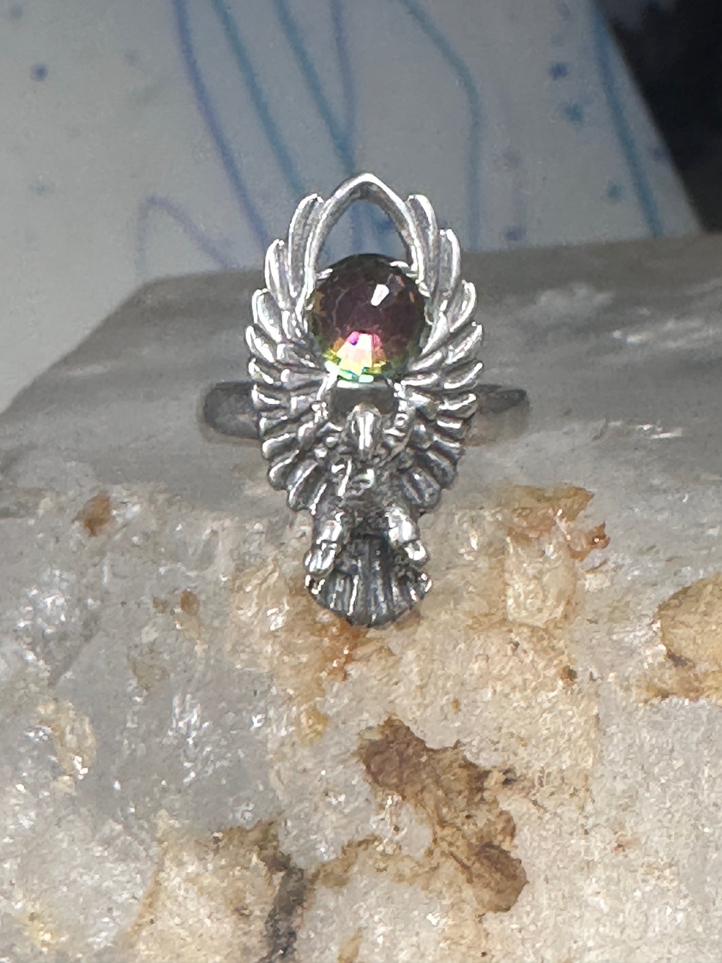 Eagle ring Crystal Rainbow prism orb by Shube size 4.50 pinky sterling silver band
