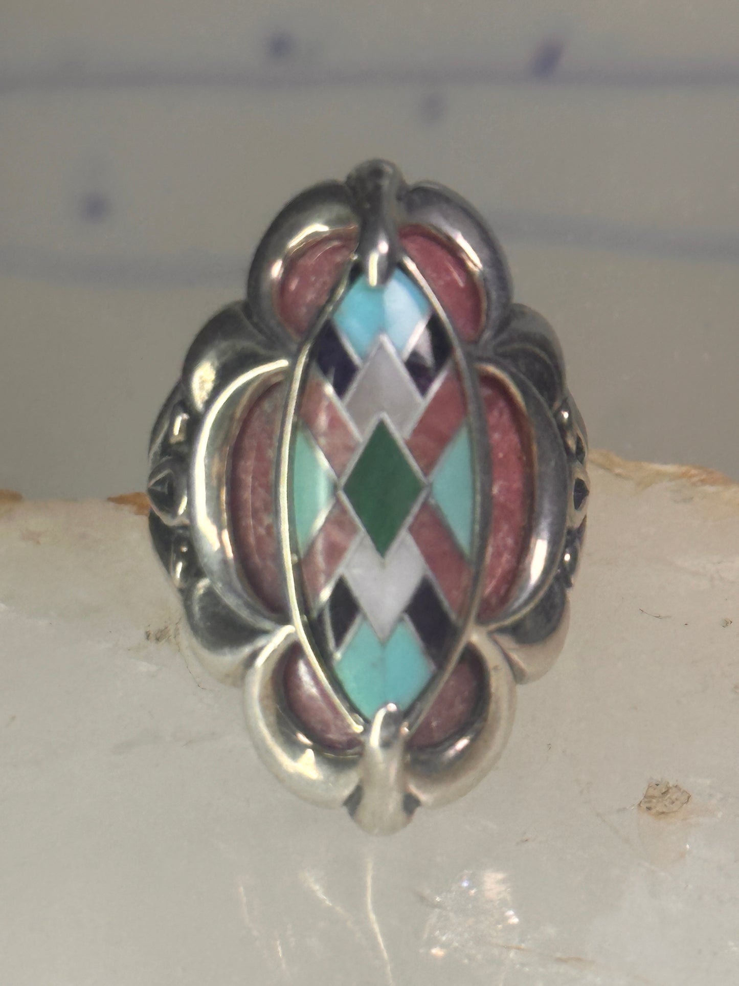 Pollack Ring Pink Rhodonite Turquoise size 6 sterling silver women