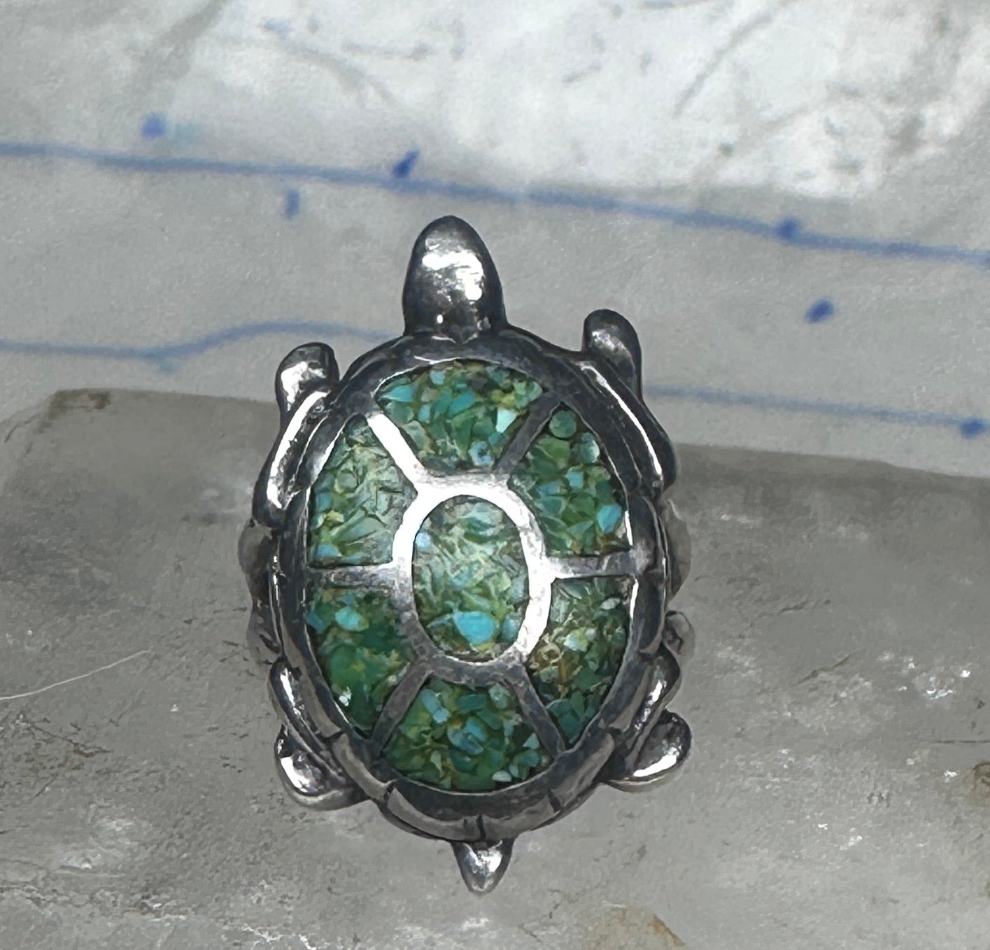 Turtle inlaid ring size 6 green turquoise chips band sterling silver southwestern women girls