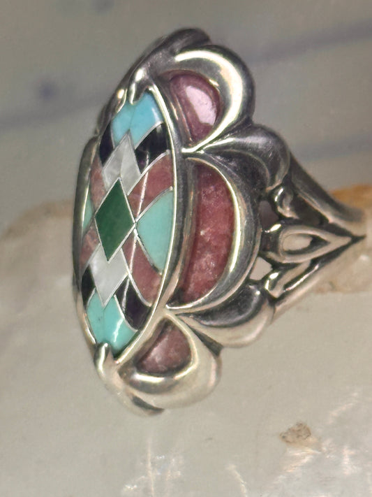 Pollack Ring Pink Rhodonite Turquoise size 6 sterling silver women