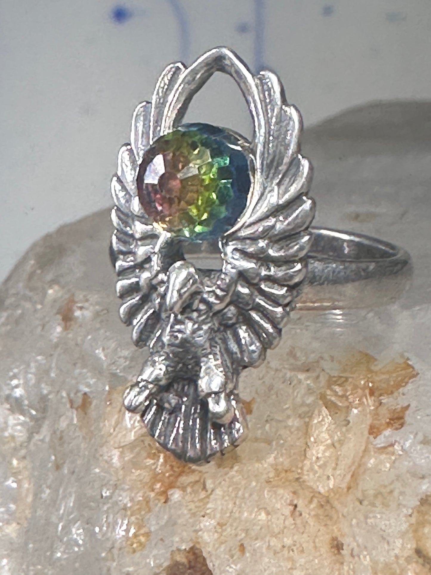 Eagle ring Crystal Rainbow prism orb by Shube size 4.50 pinky sterling silver band