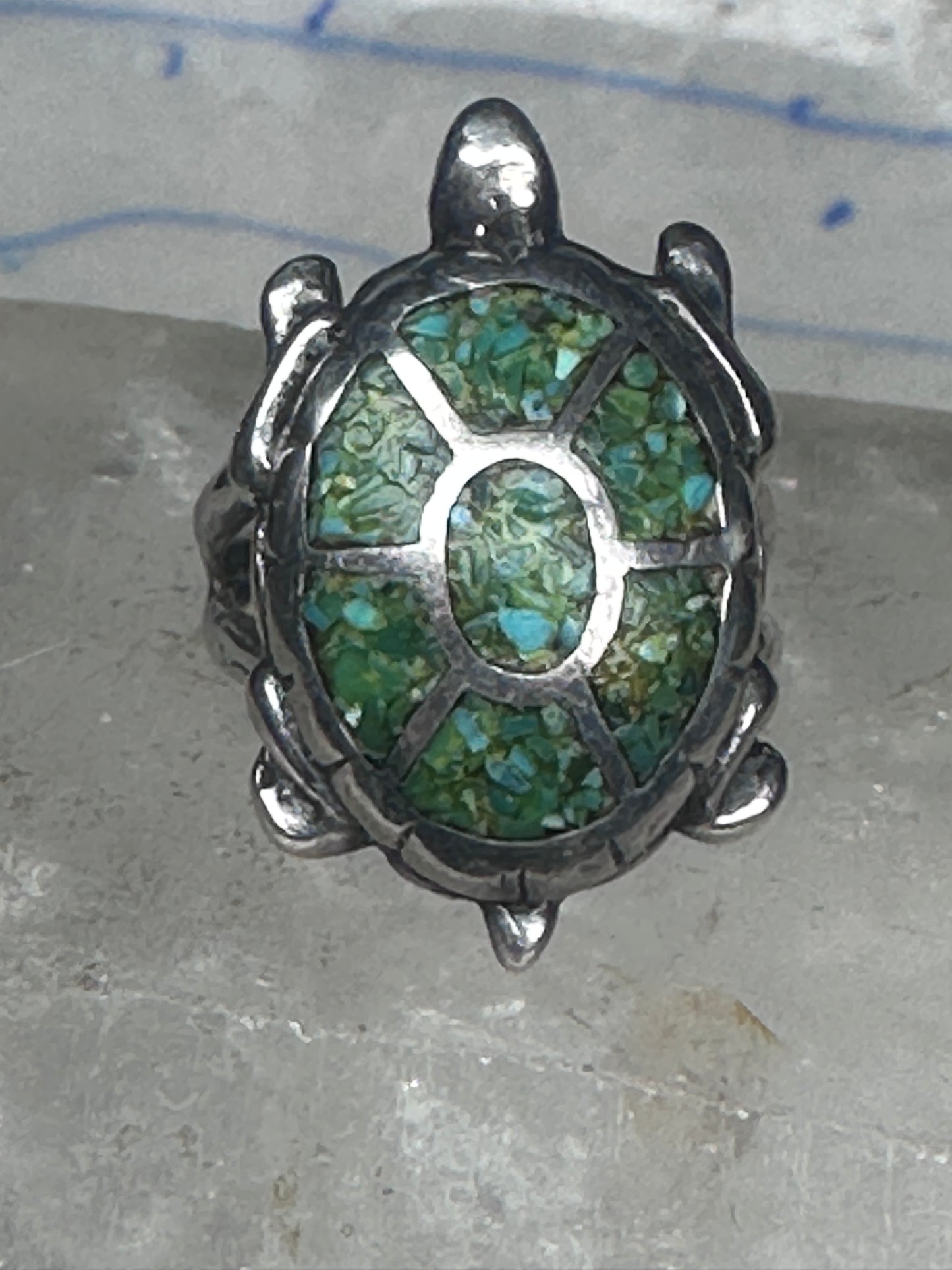 Turtle inlaid ring size 6 green turquoise chips band sterling silver southwestern women girls