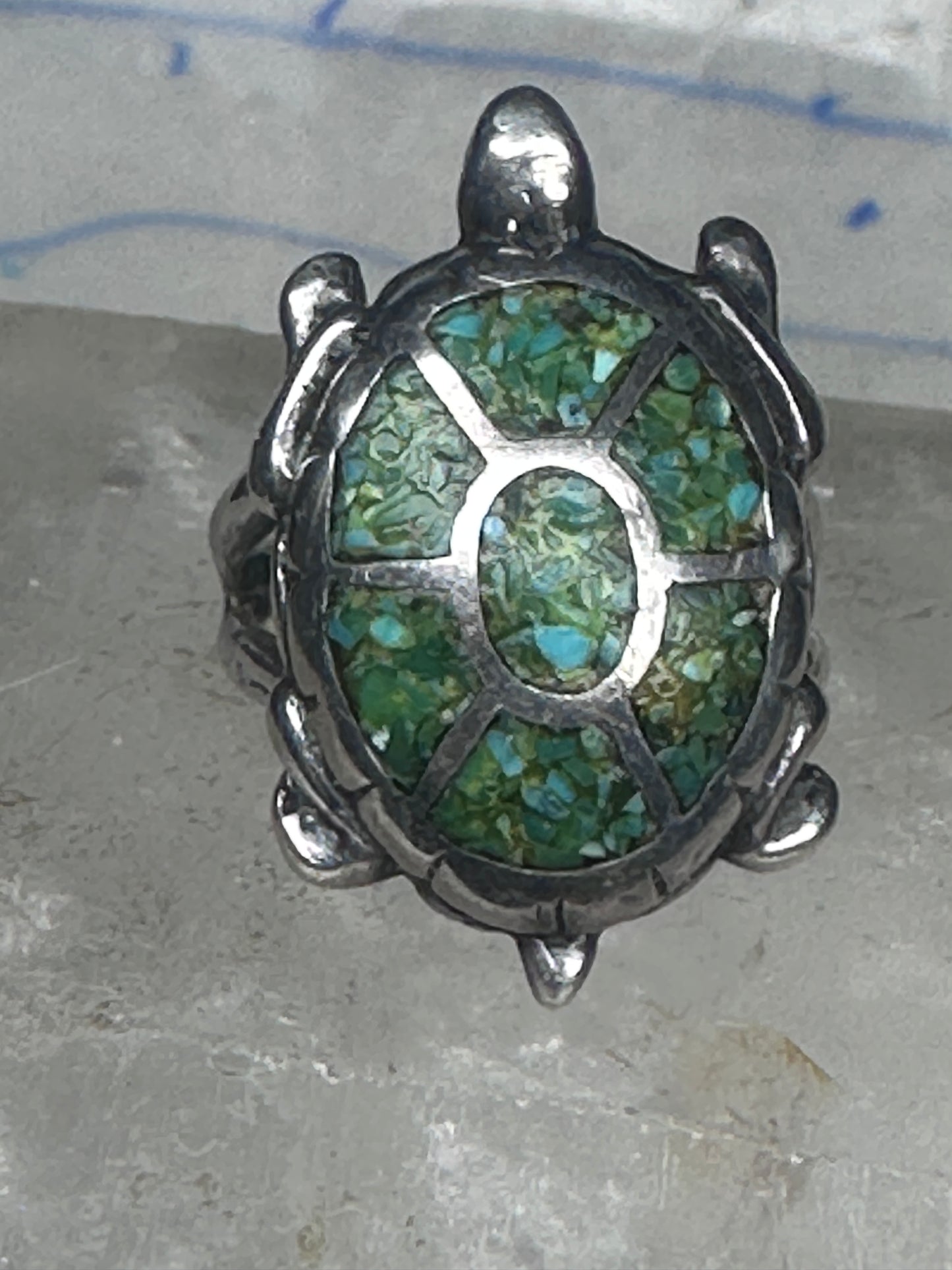 Turtle inlaid ring size 6 green turquoise chips band sterling silver southwestern women girls