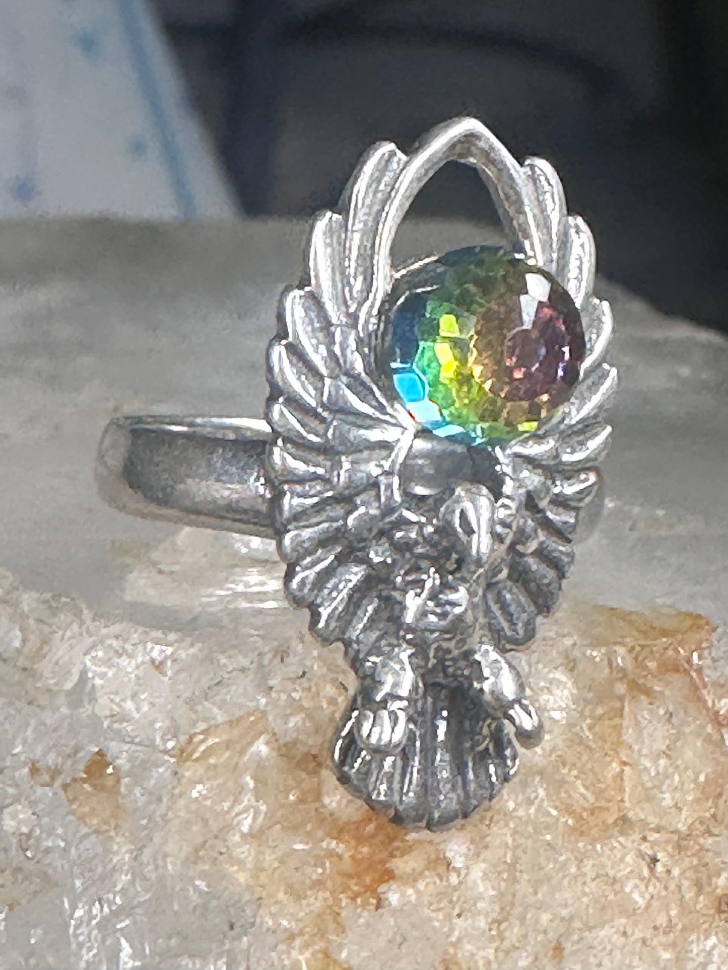 Eagle ring Crystal Rainbow prism orb by Shube size 4.50 pinky sterling silver band