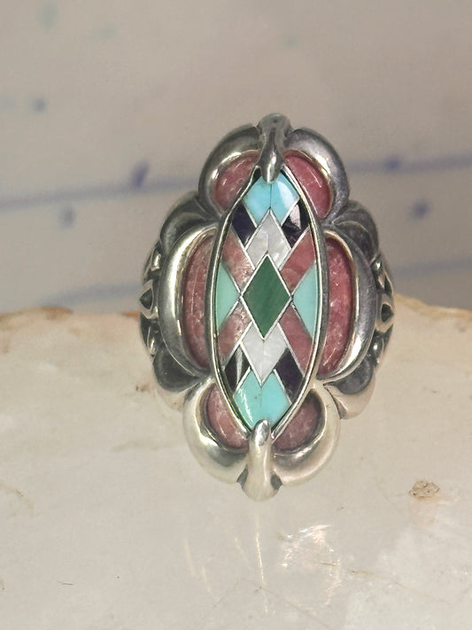 Pollack Ring Pink Rhodonite Turquoise size 6 sterling silver women