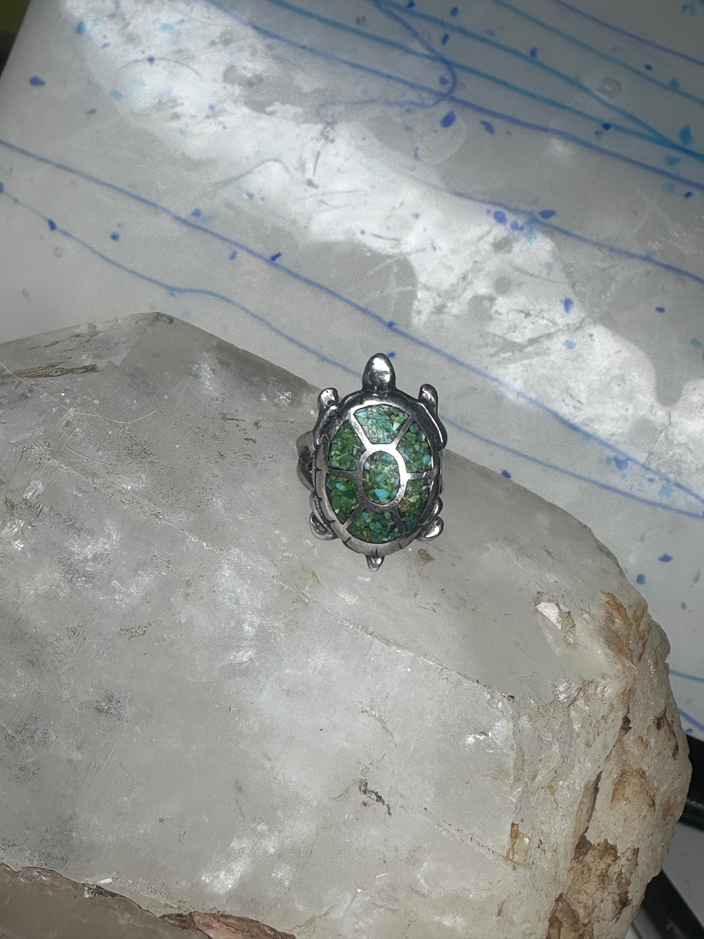 Turtle inlaid ring size 6 green turquoise chips band sterling silver southwestern women girls