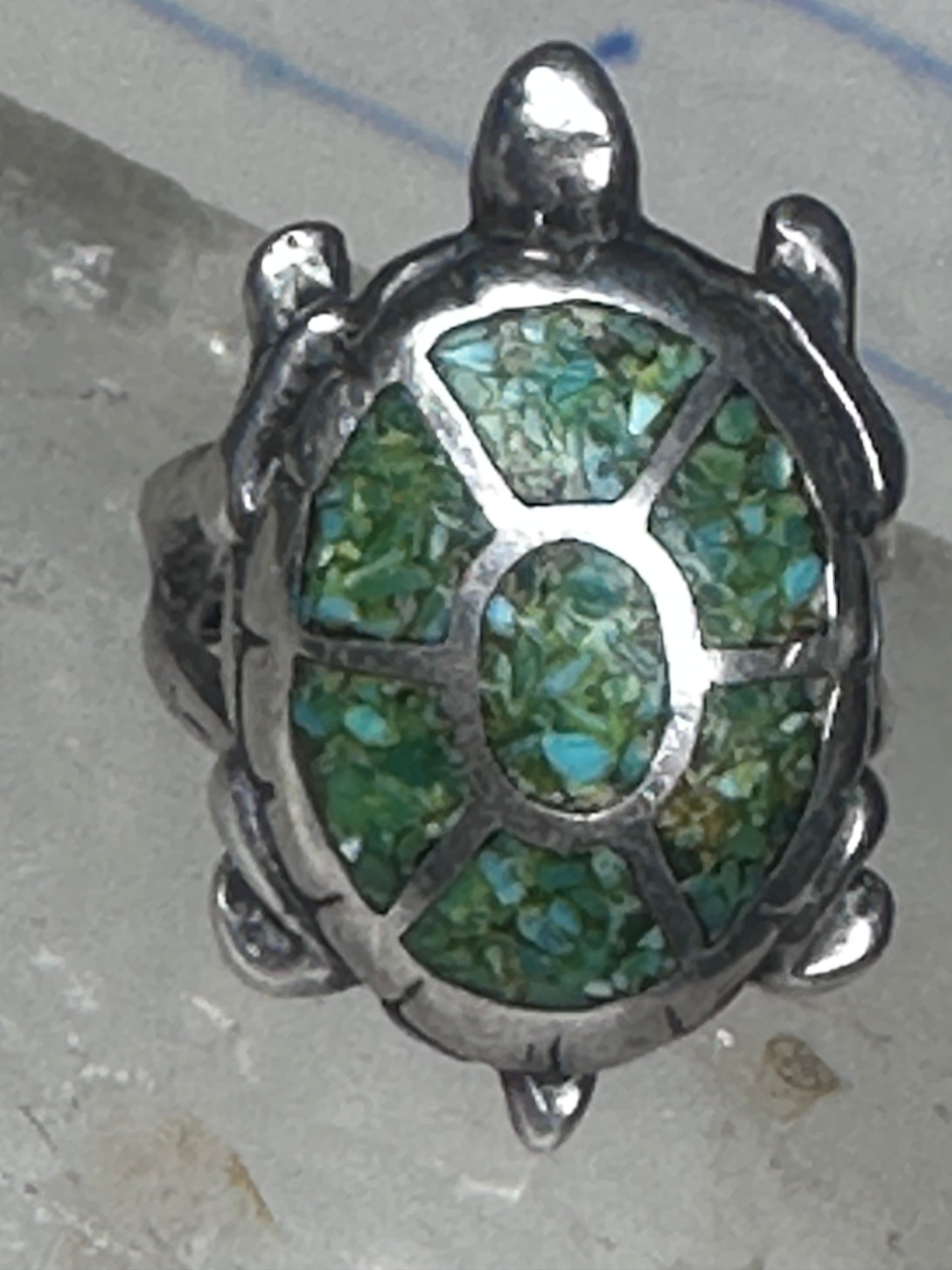 Turtle inlaid ring size 6 green turquoise chips band sterling silver southwestern women girls