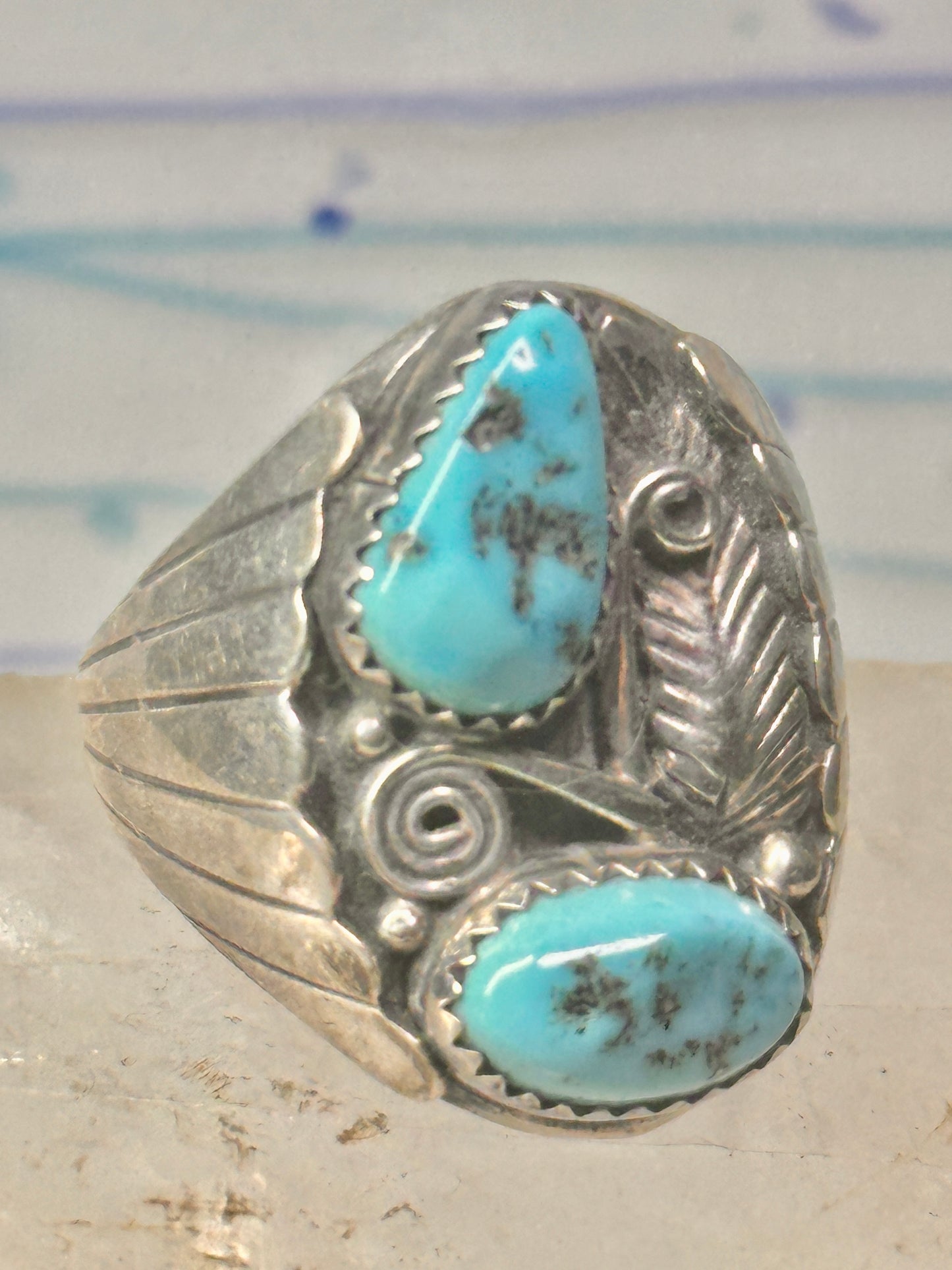 Navajo ring Turquoise band Floral leaves size 10.50 sterling silver women men